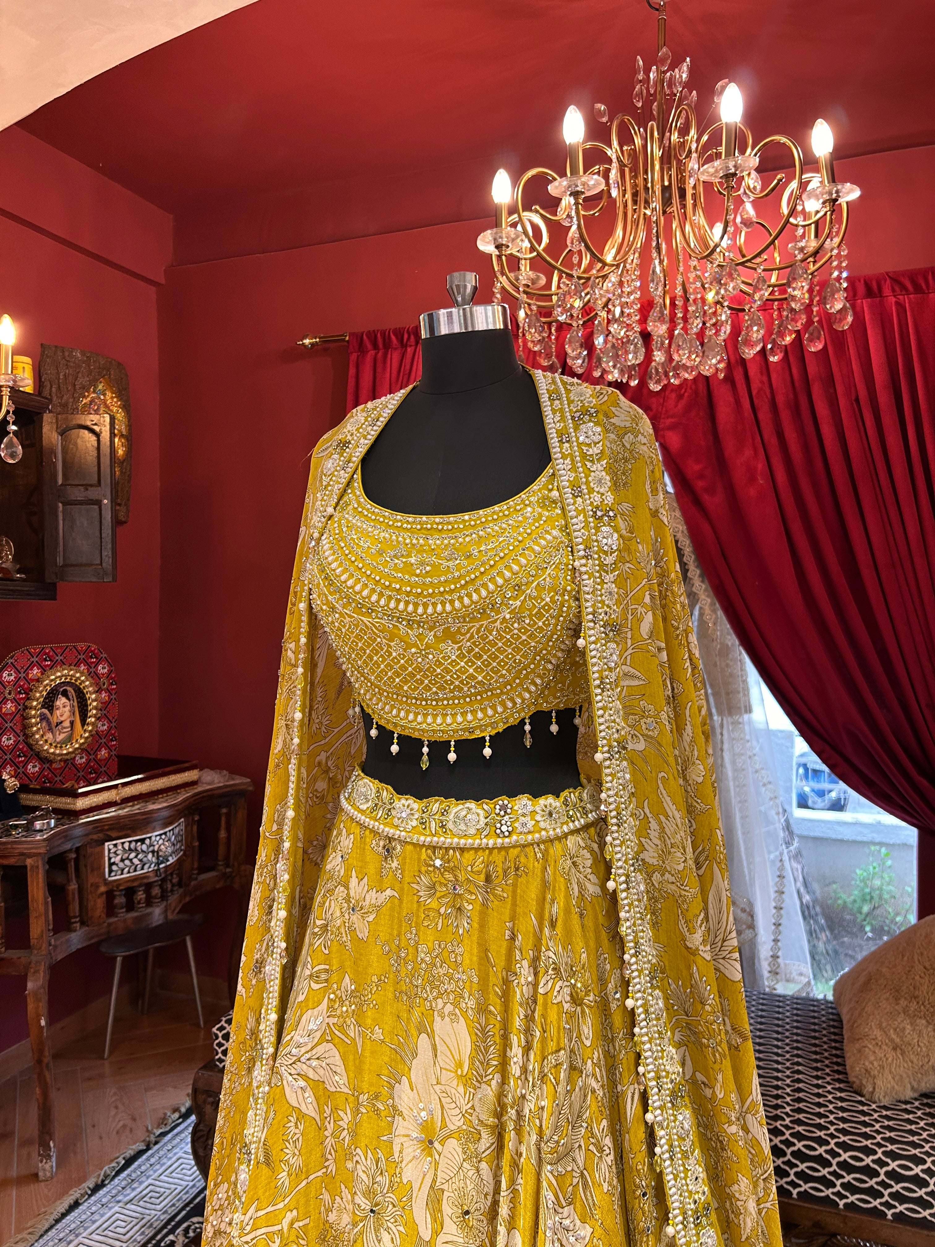 Yellow Printed shrug with Pearl embroidered shrug style lahenga