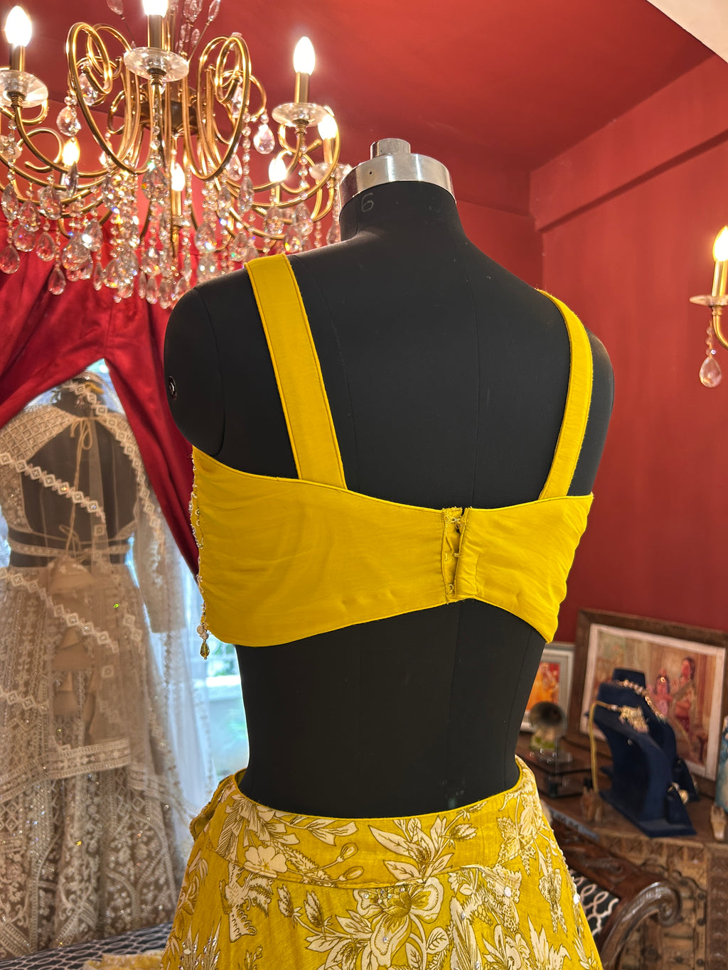 Yellow Printed shrug with Pearl embroidered shrug style lahenga