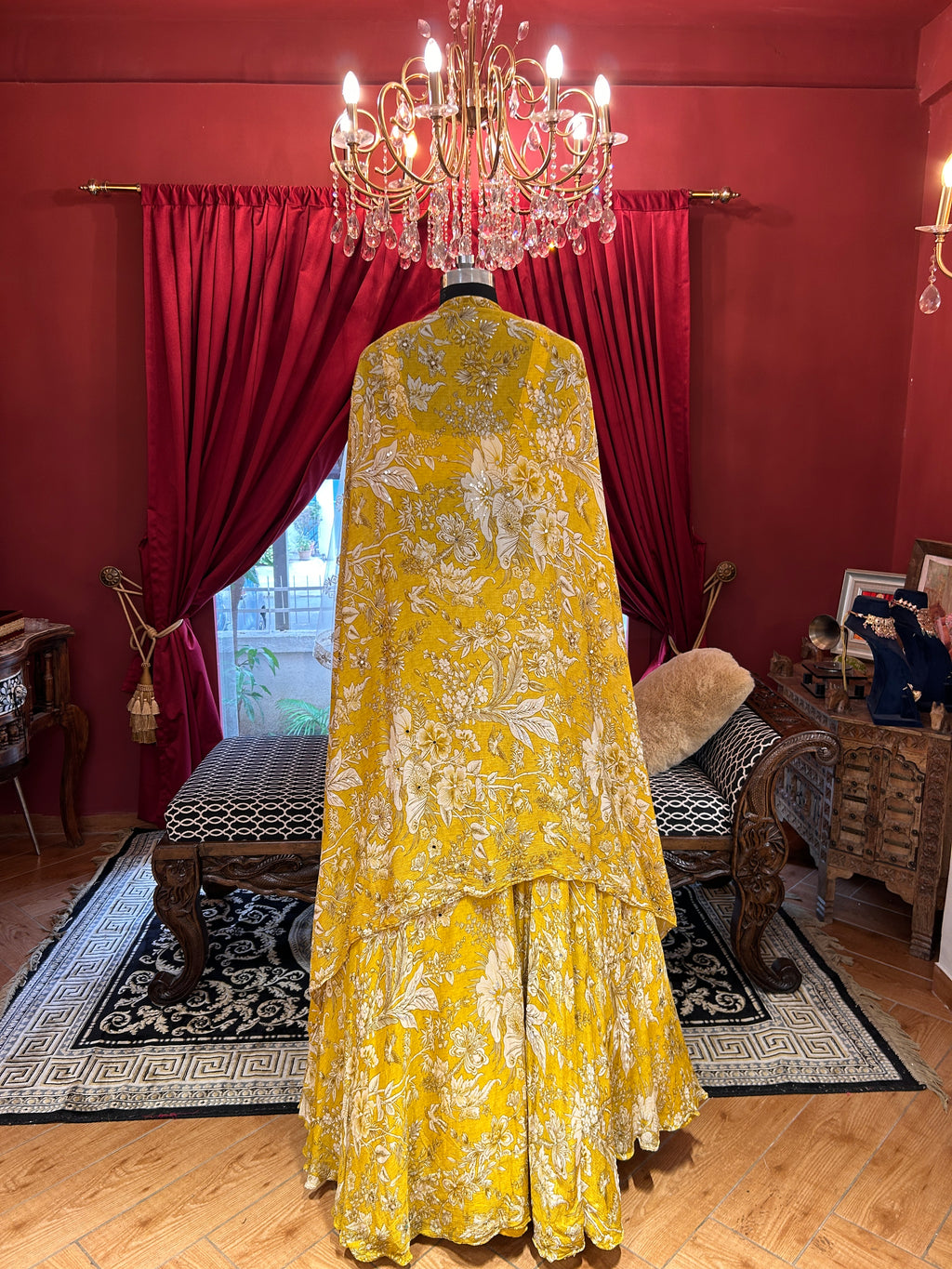 Yellow Printed shrug with Pearl embroidered shrug style lahenga