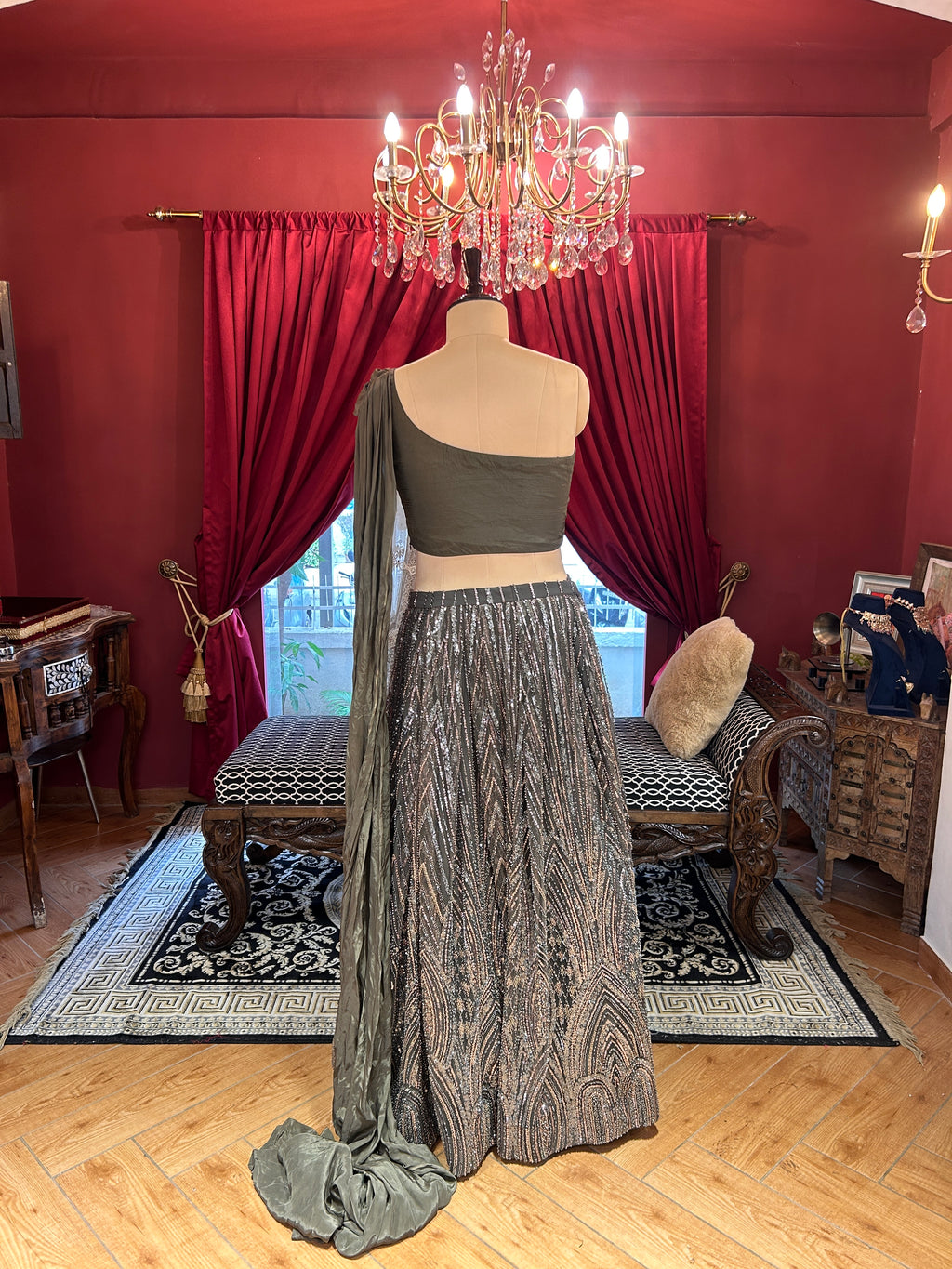 Mocha Drape One Shoulder Lahenga