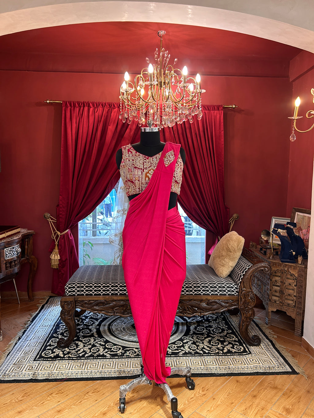 Hot Pink Draped Saree With Full Worked Blouse