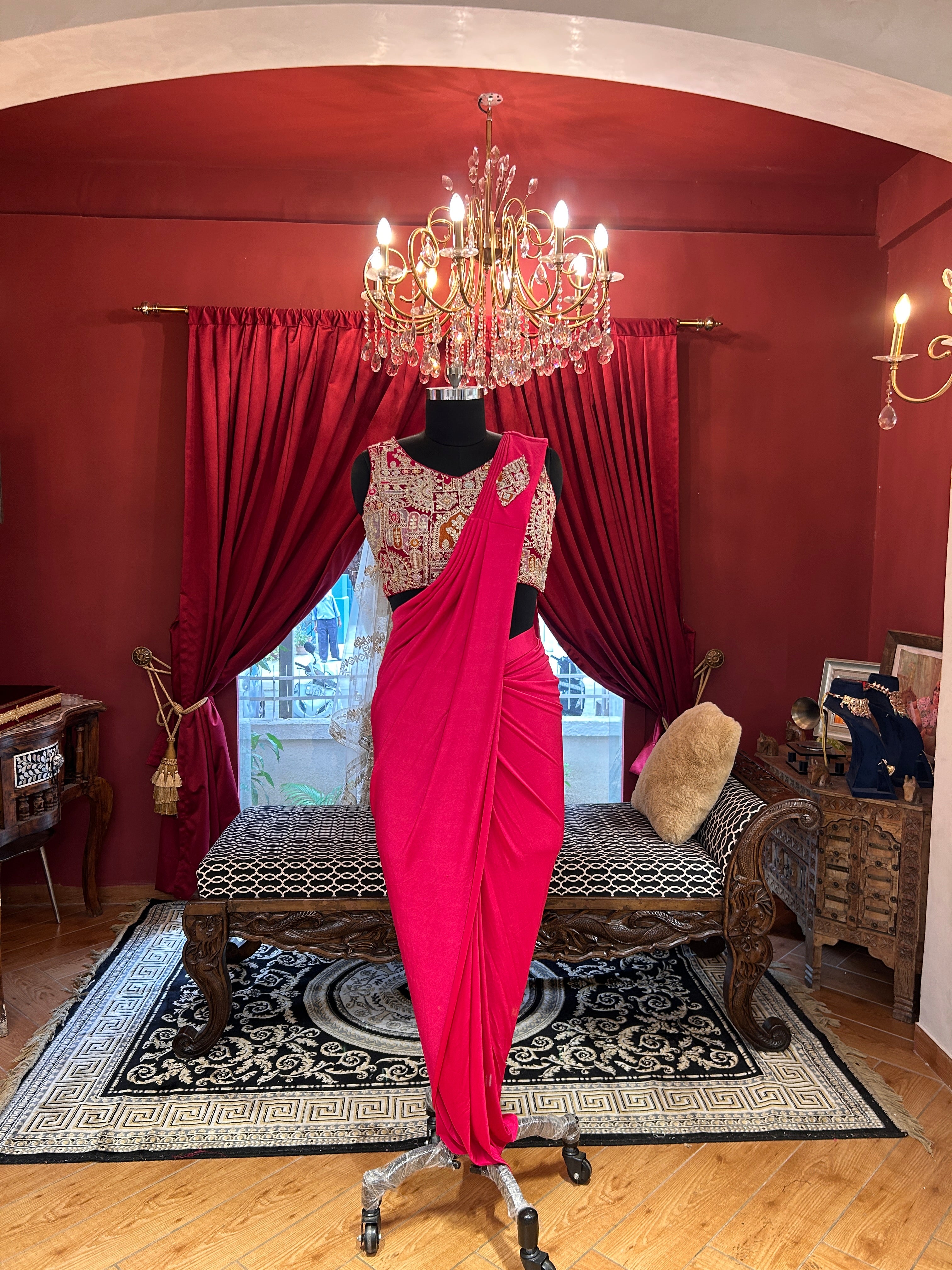 Hot Pink Draped Saree With Full Worked Blouse