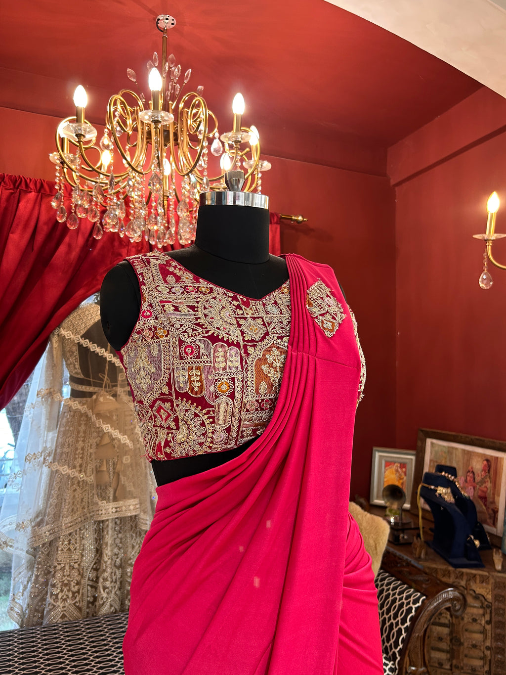 Hot Pink Draped Saree With Full Worked Blouse