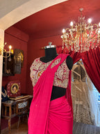Hot Pink Draped Saree With Full Worked Blouse