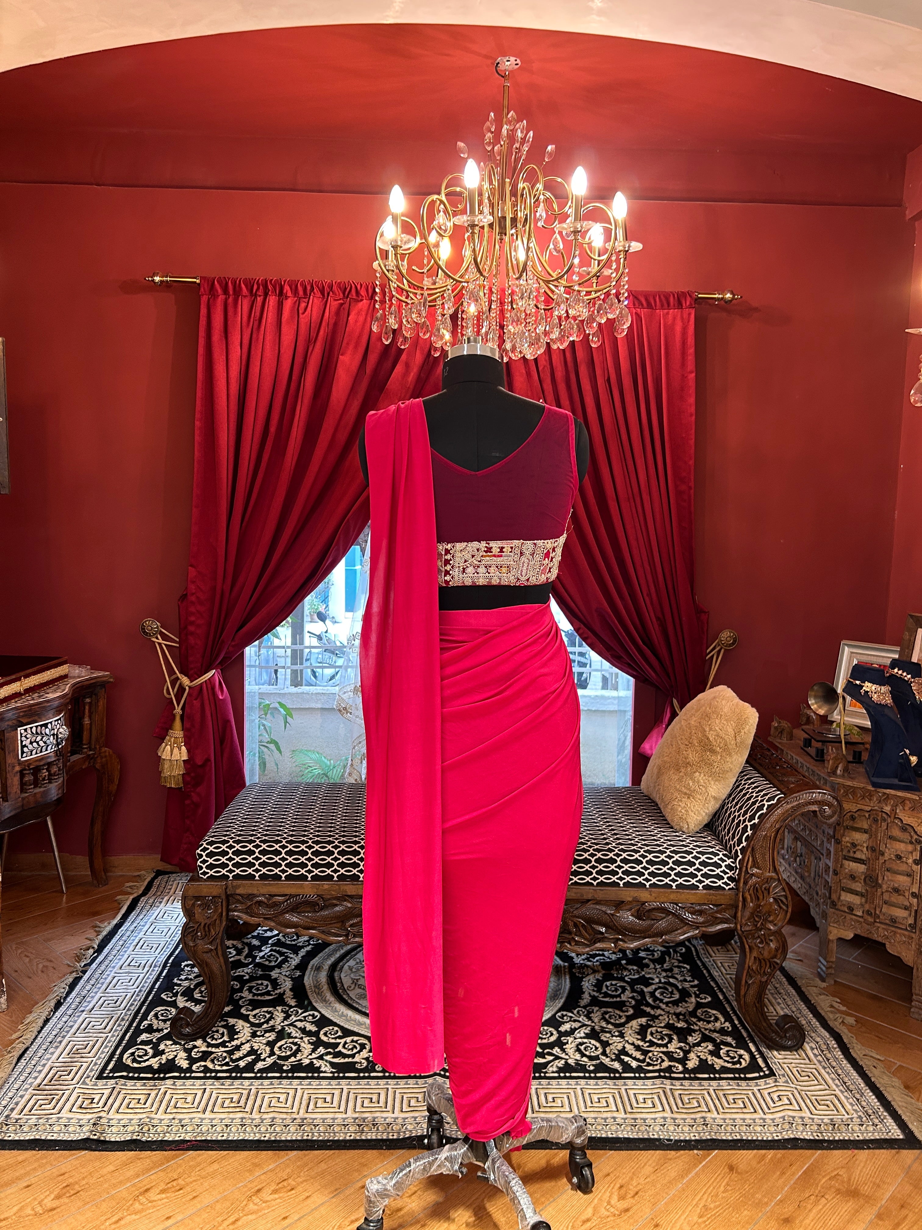 Hot Pink Draped Saree With Full Worked Blouse