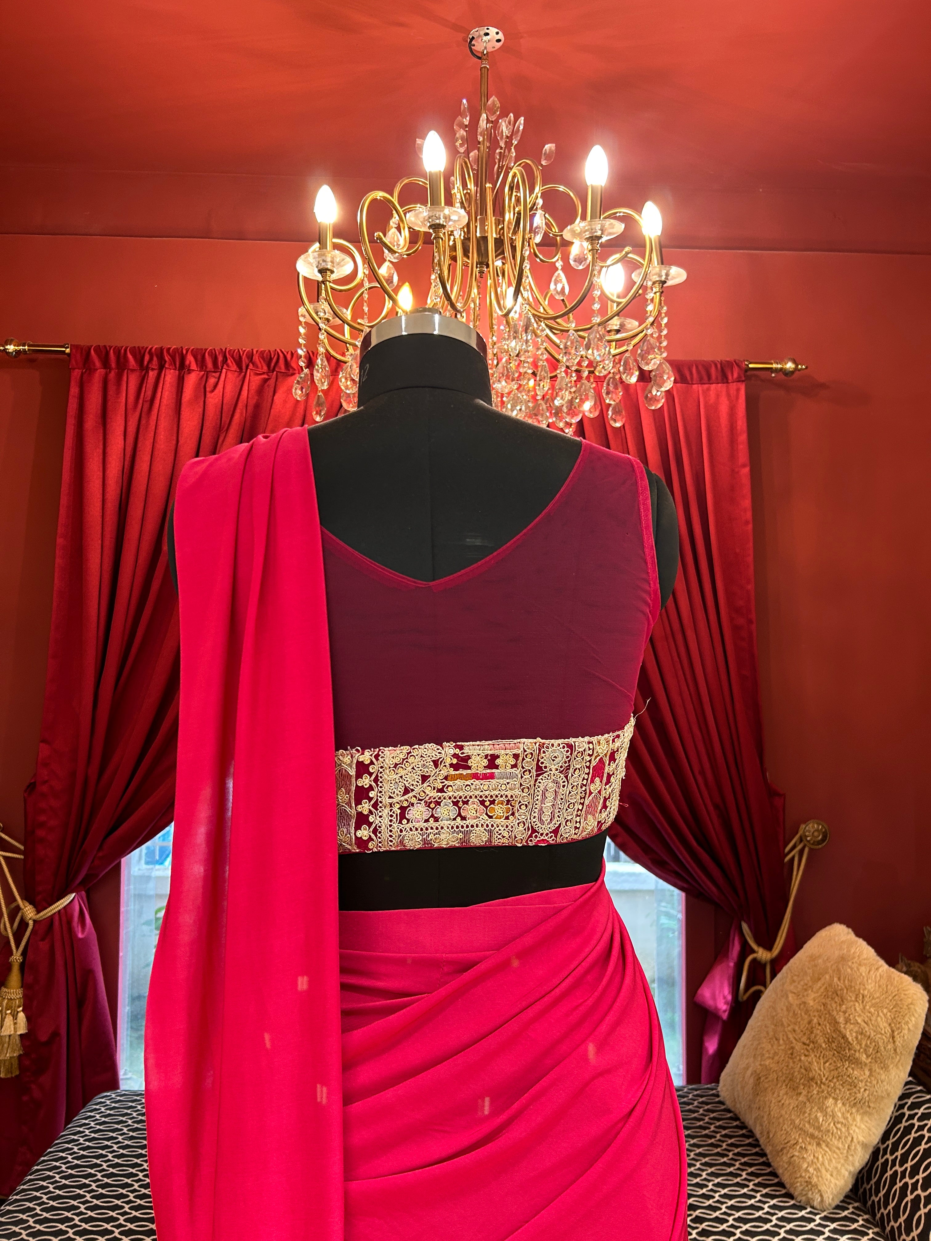 Hot Pink Draped Saree With Full Worked Blouse