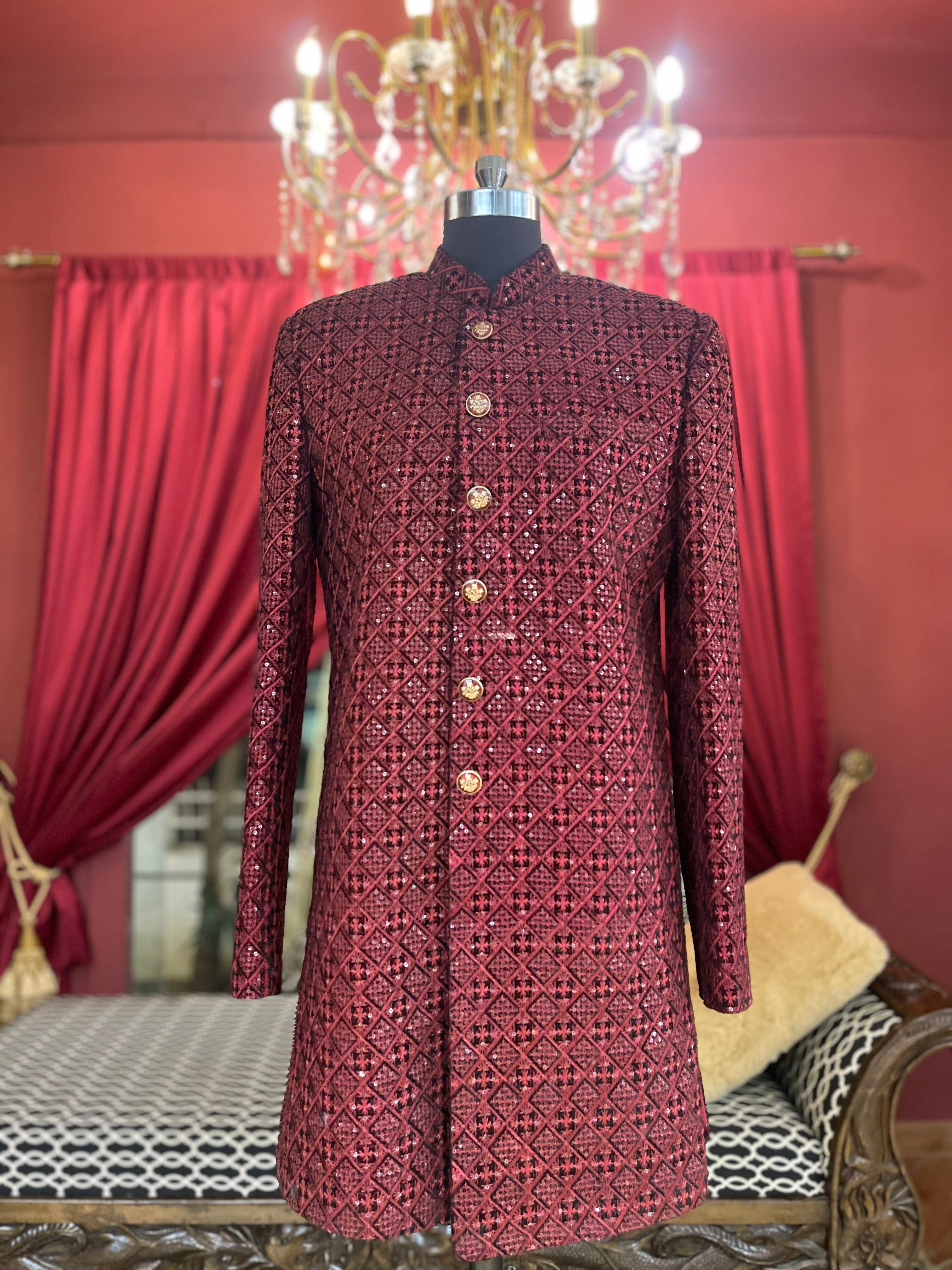 Wine Embroidered Sherwani