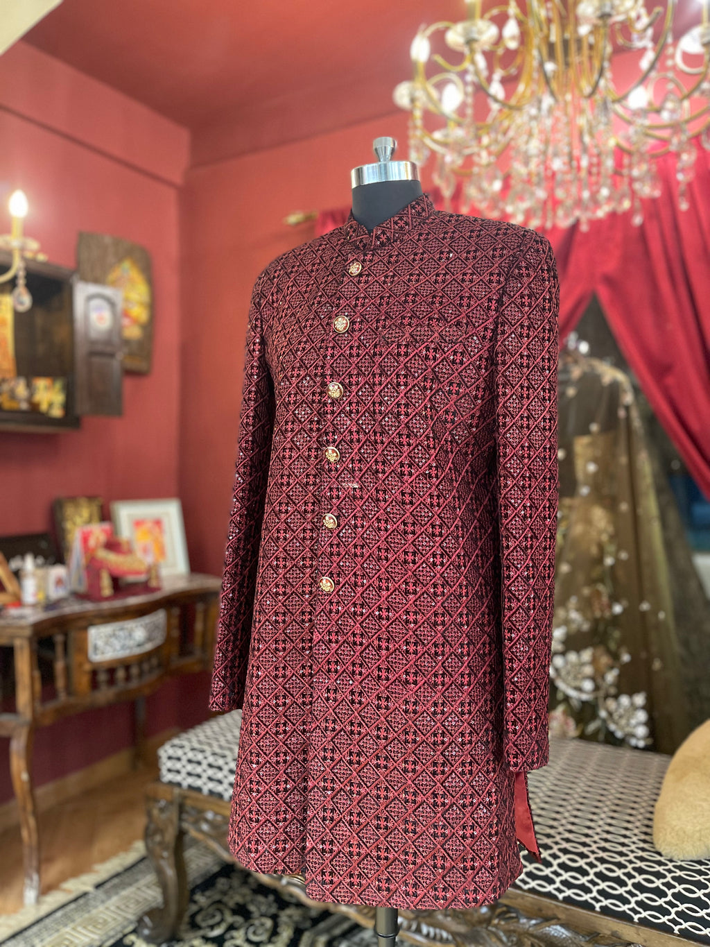 Wine Embroidered Sherwani