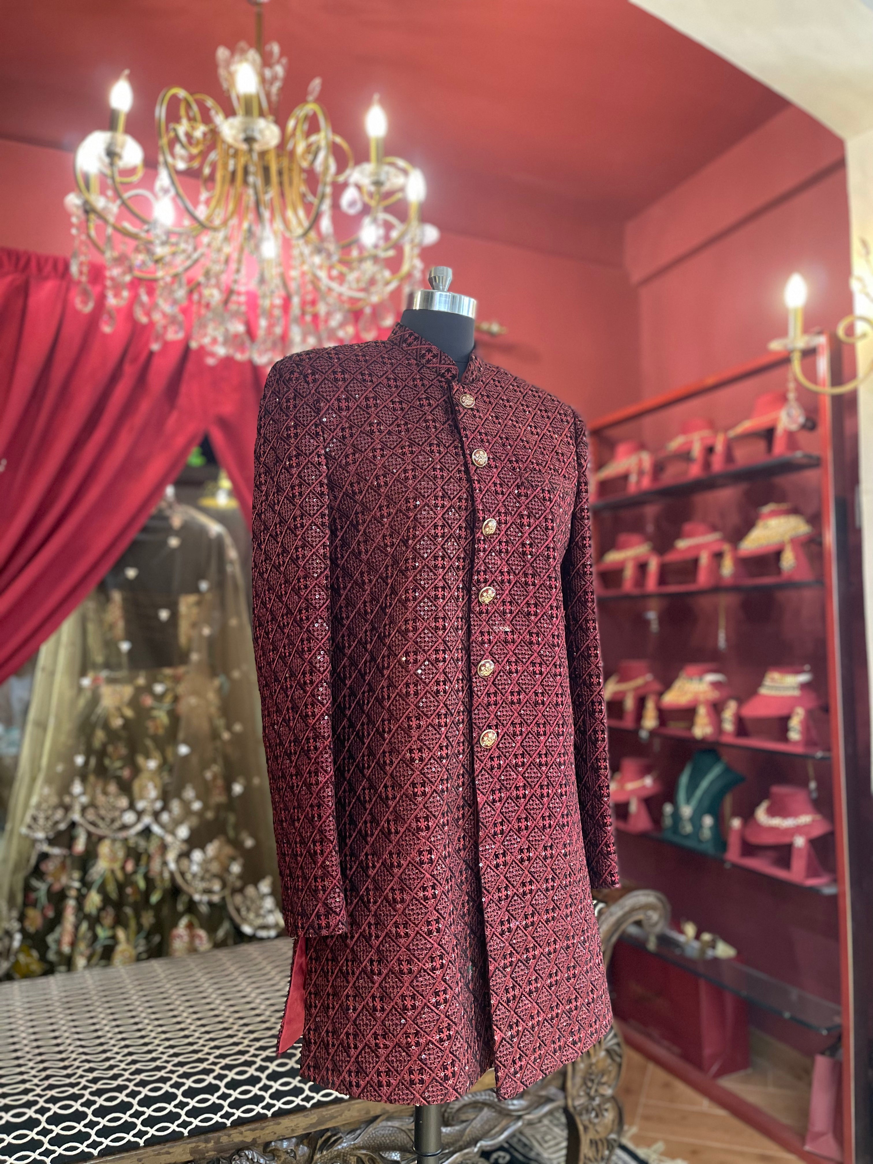 Wine Embroidered Sherwani