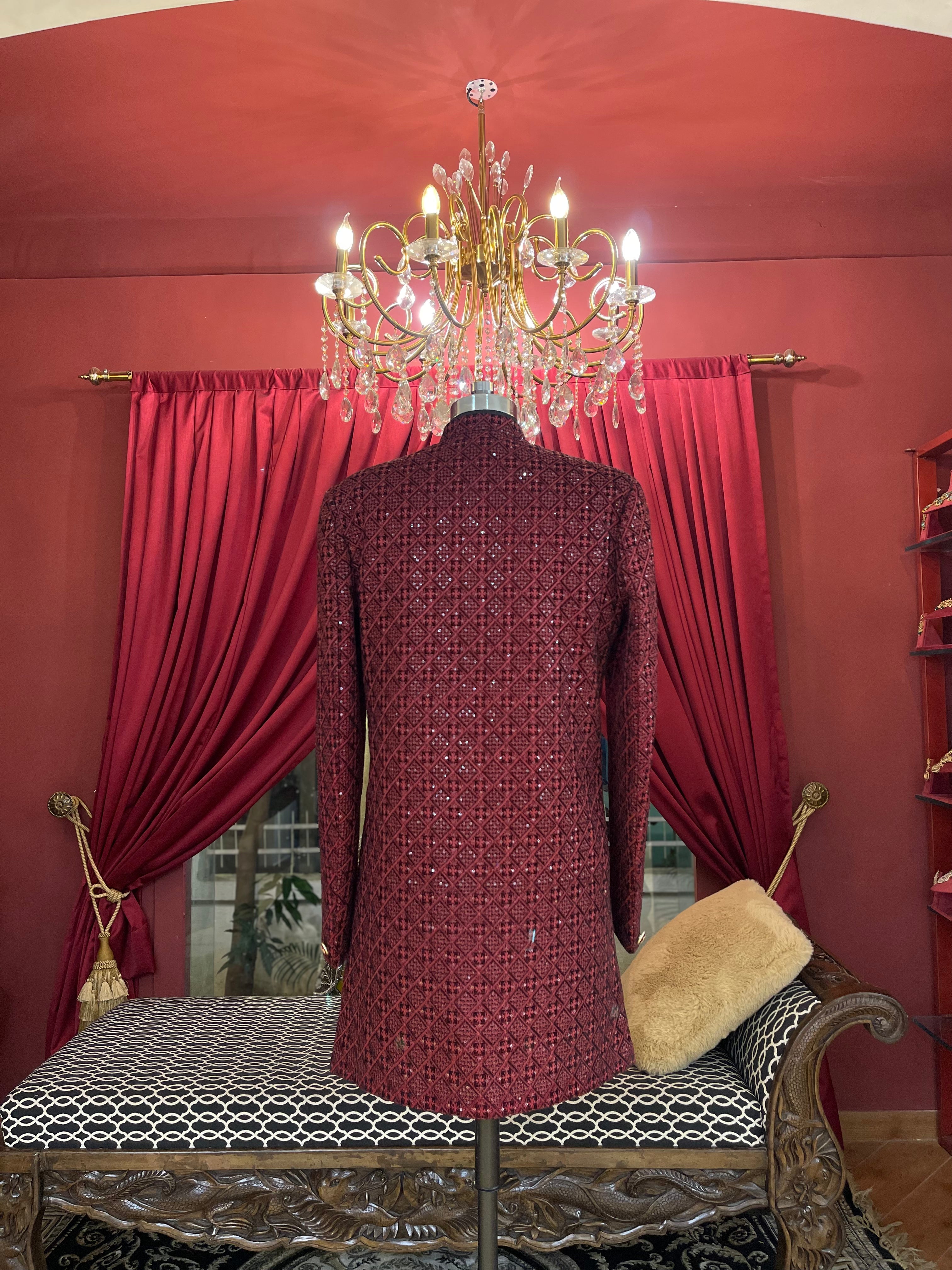 Wine Embroidered Sherwani