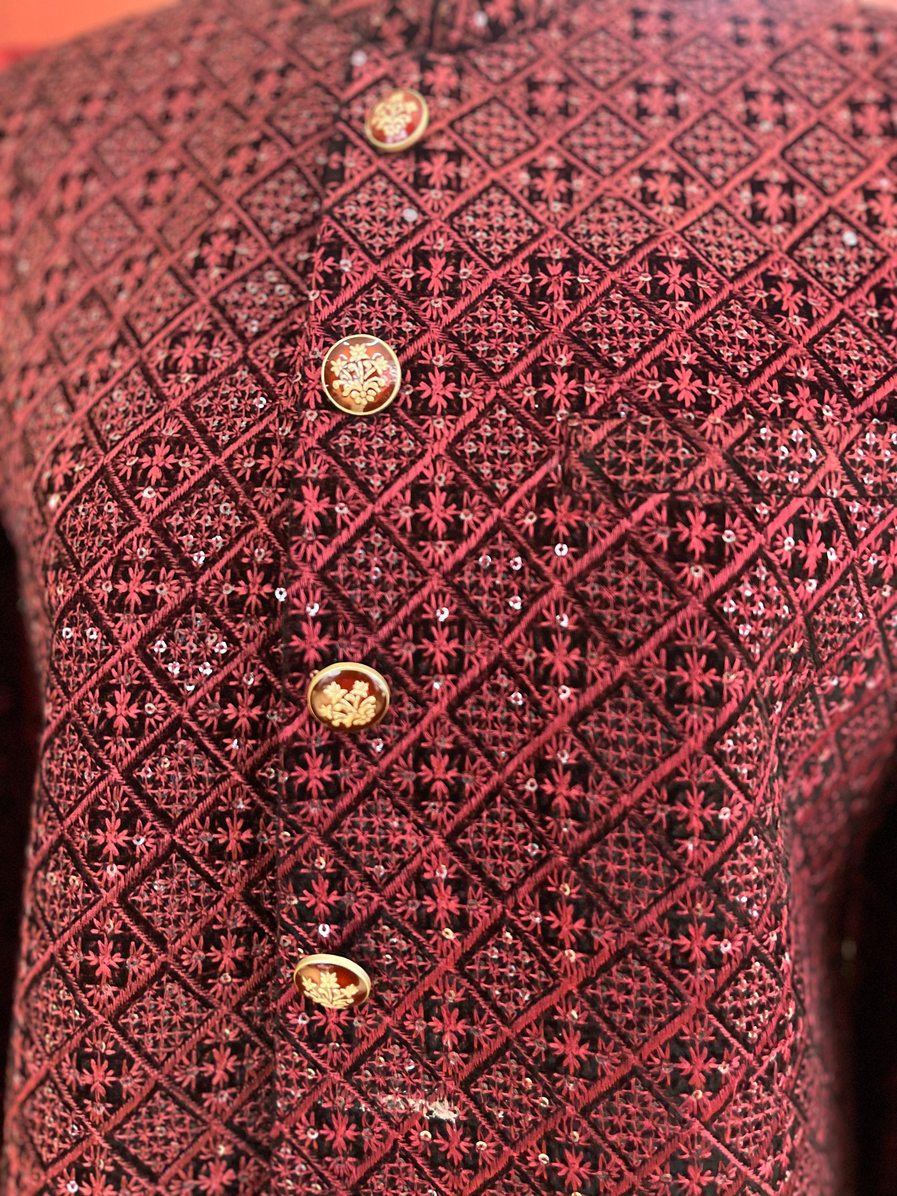 Wine Embroidered Sherwani