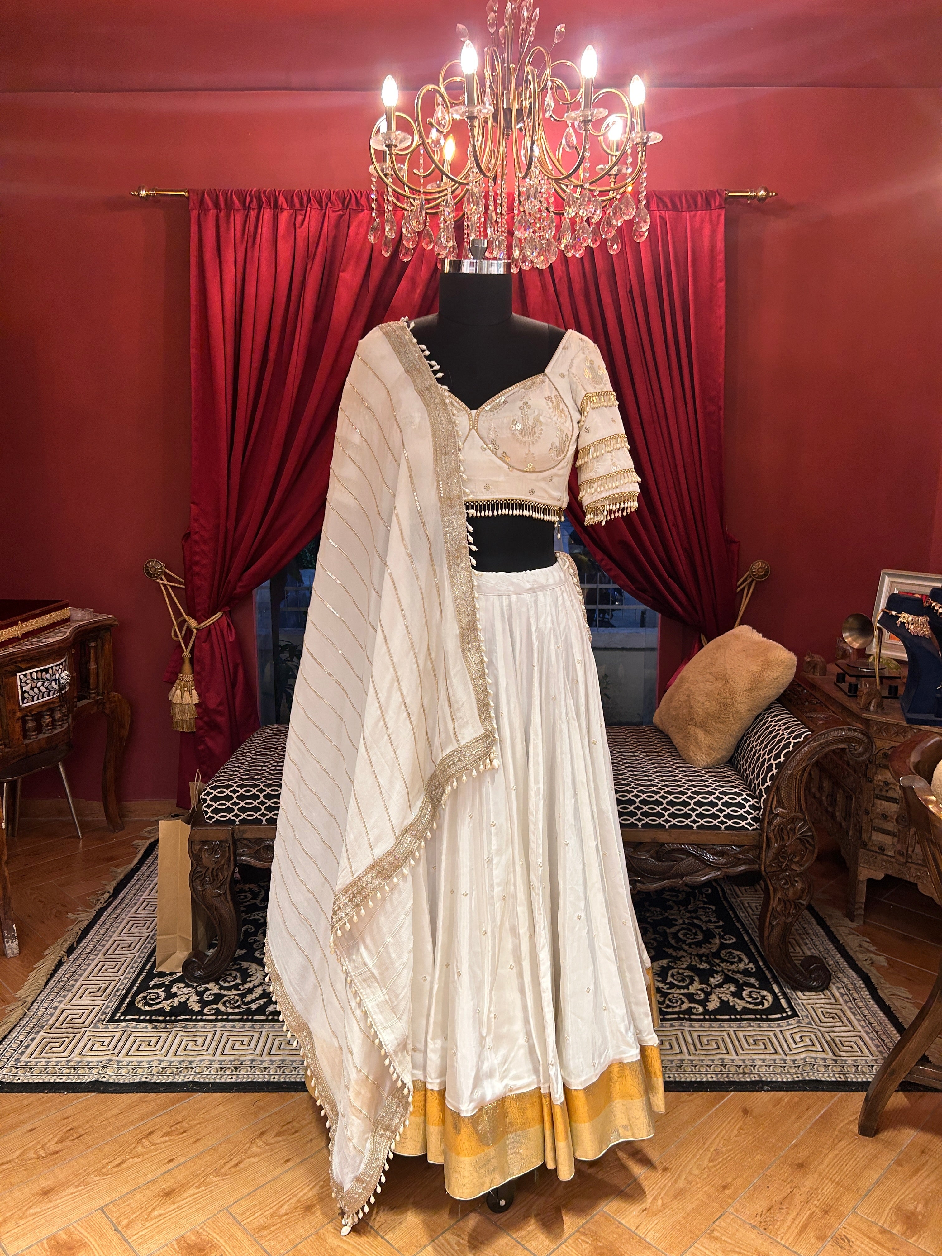White Gold Lehenga With Pearl Border Dupatta