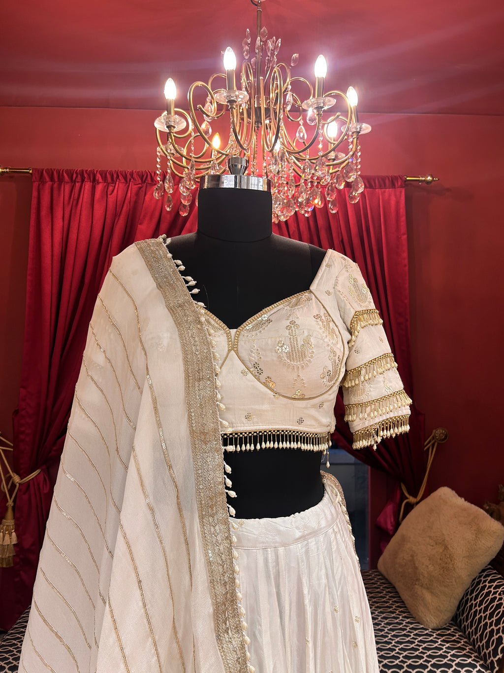 White Gold Lehenga With Pearl Border Dupatta