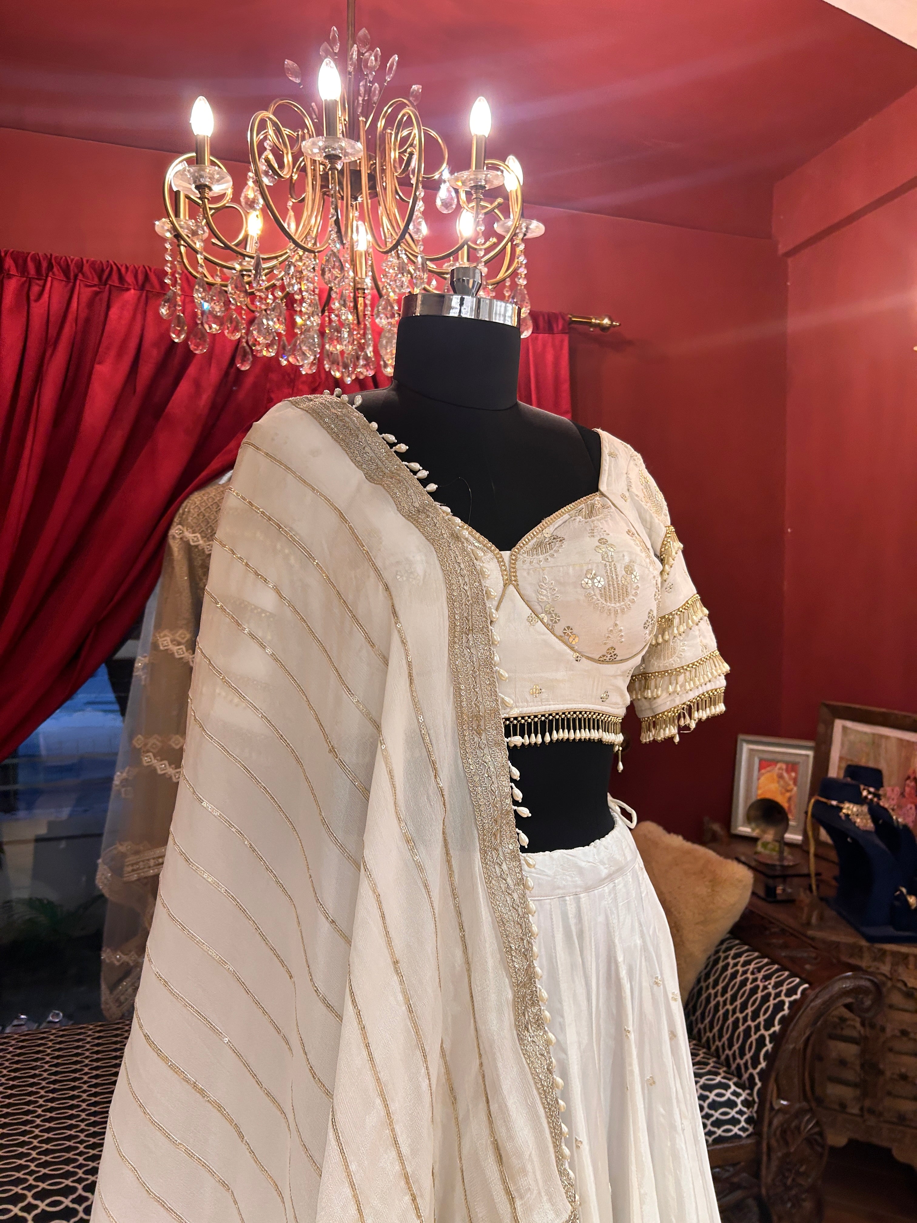 White Gold Lehenga With Pearl Border Dupatta