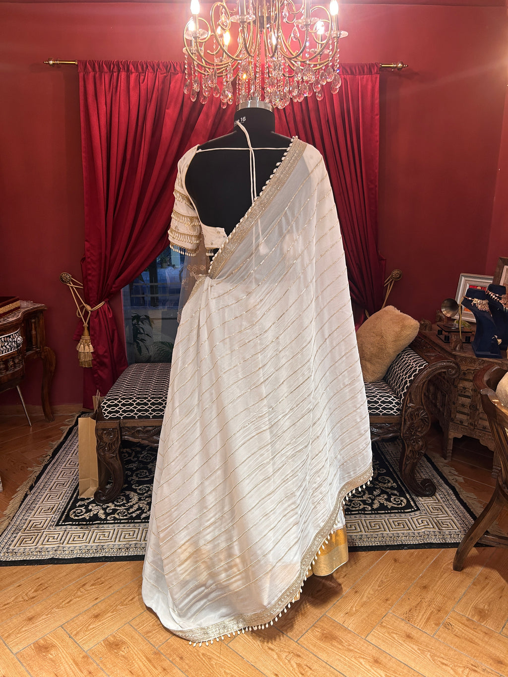 White Gold Lehenga With Pearl Border Dupatta