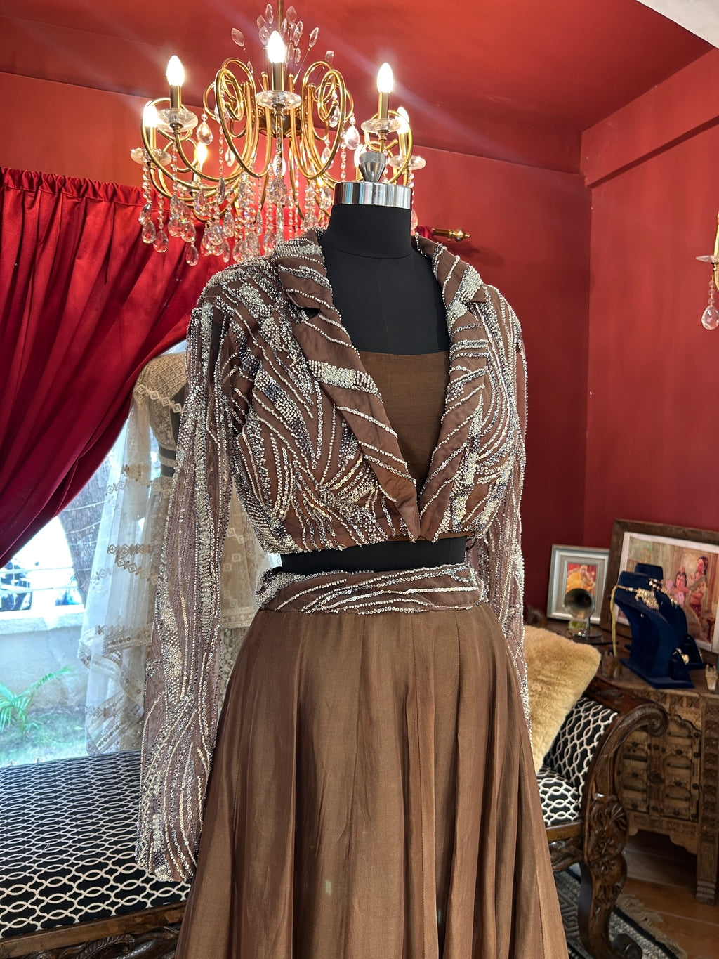 Metallic Bronze Sequin Jacket Lehenga Set