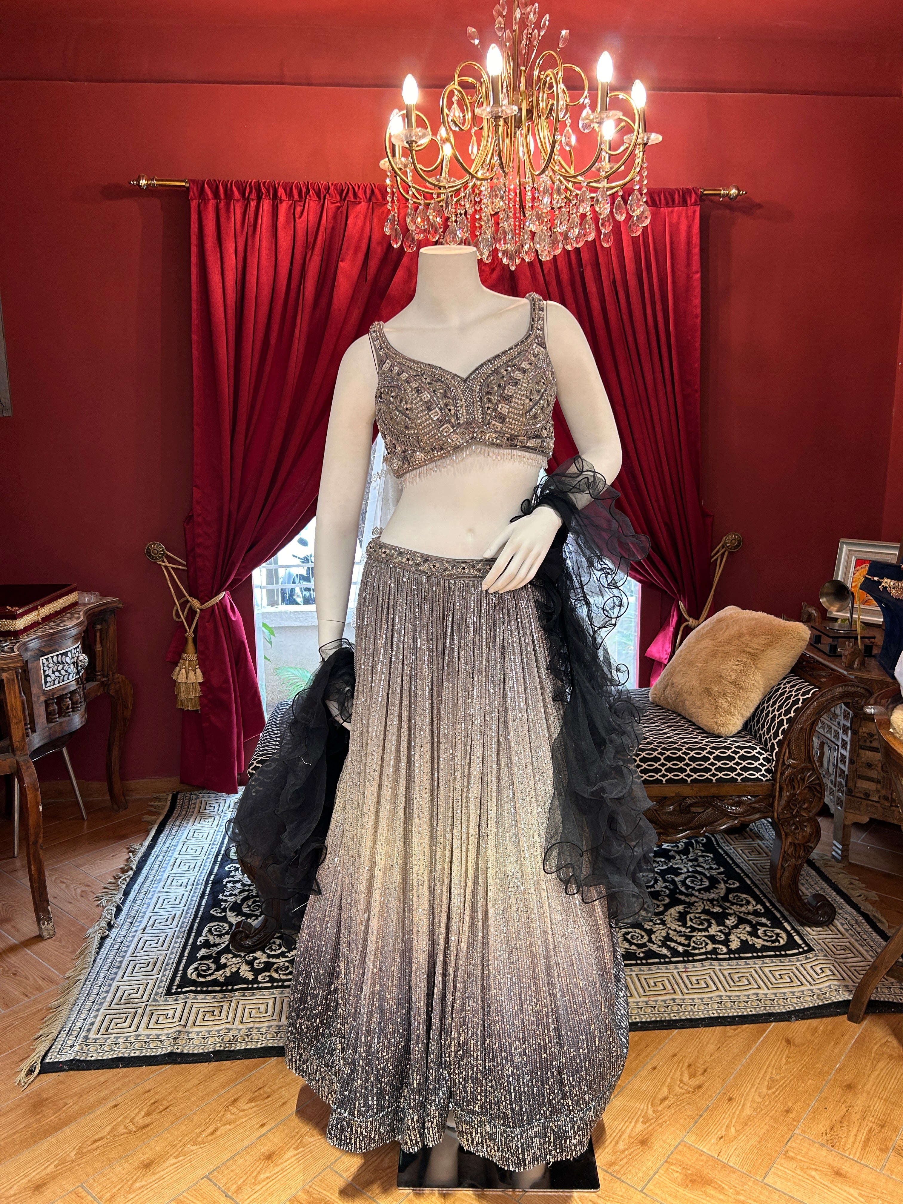 Silver to Black Ombre Sequined Lehenga Choli