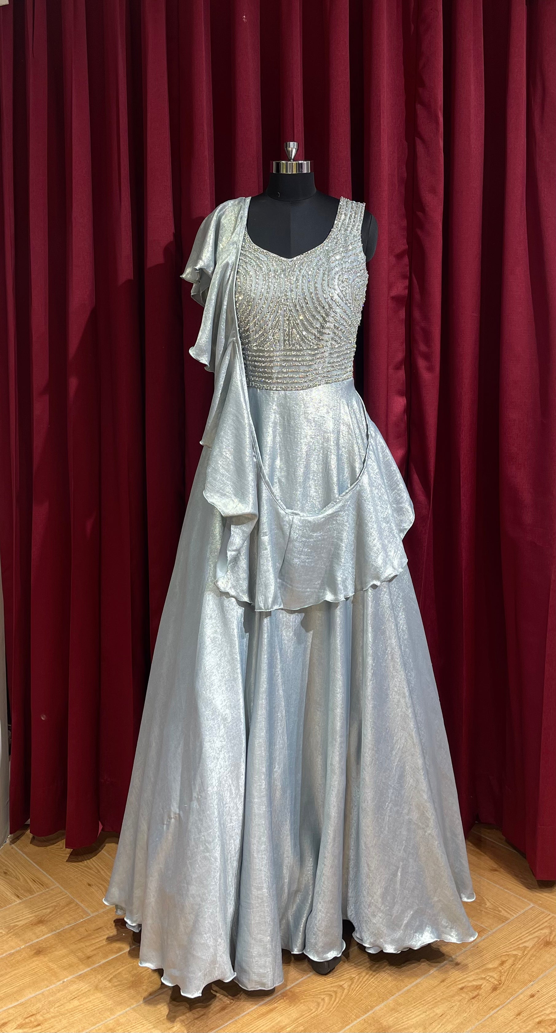 Blue Satin Flared Gown with Beaded Bodice