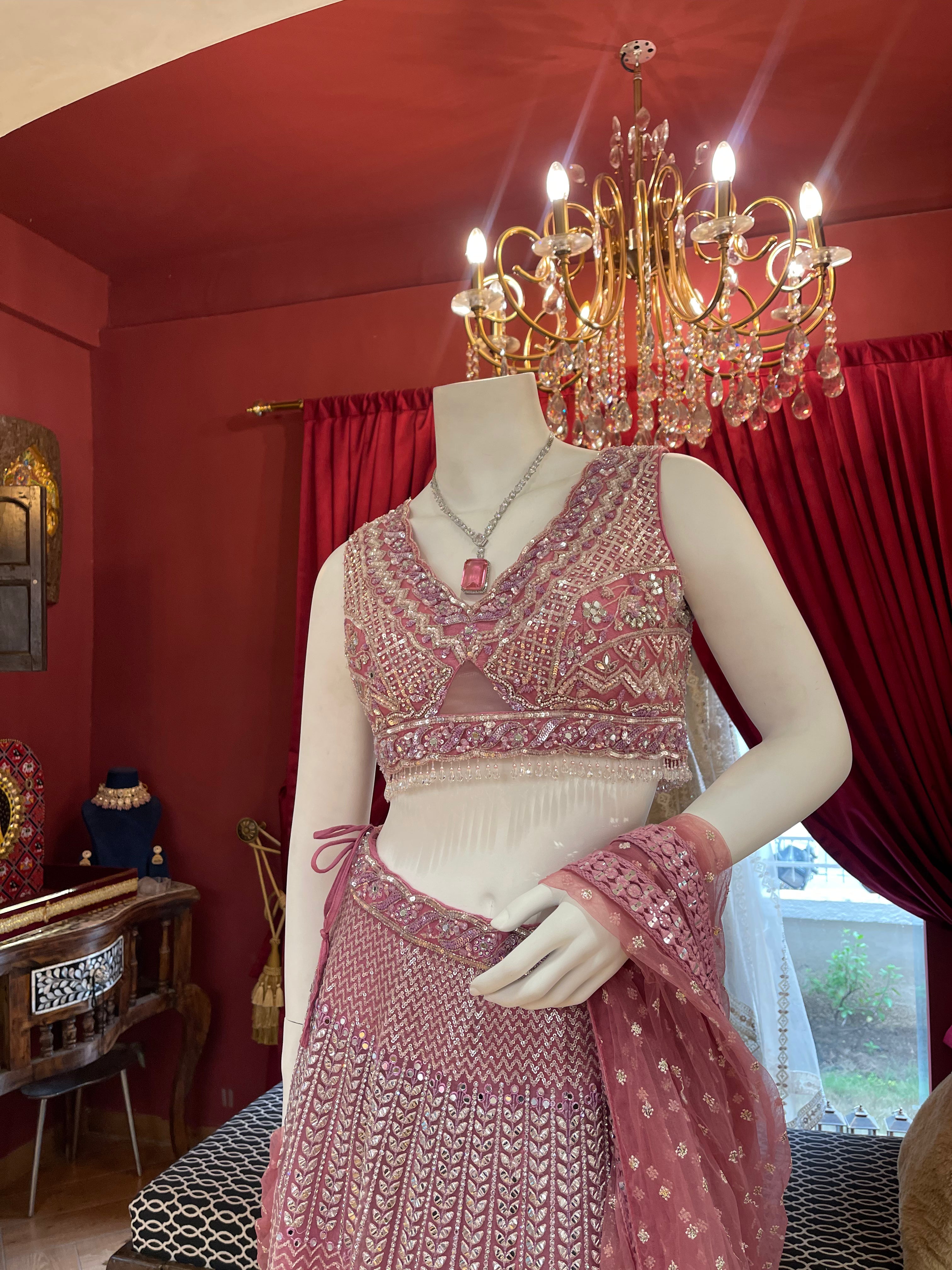 Pretty Pink Thread With Mirror Work Lehenga