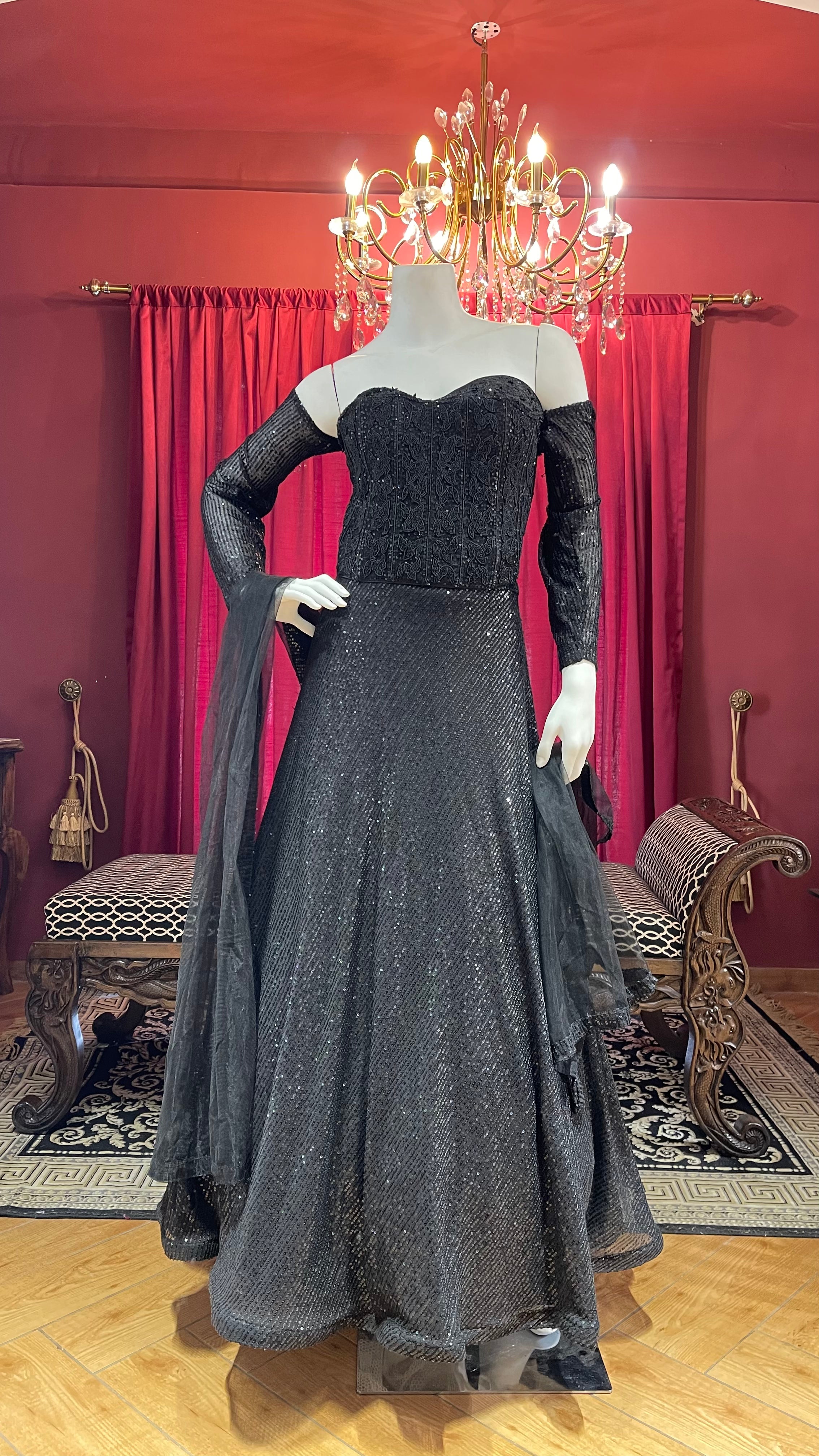 Black Sequin Fishcut Off-Sleeves Lehenga