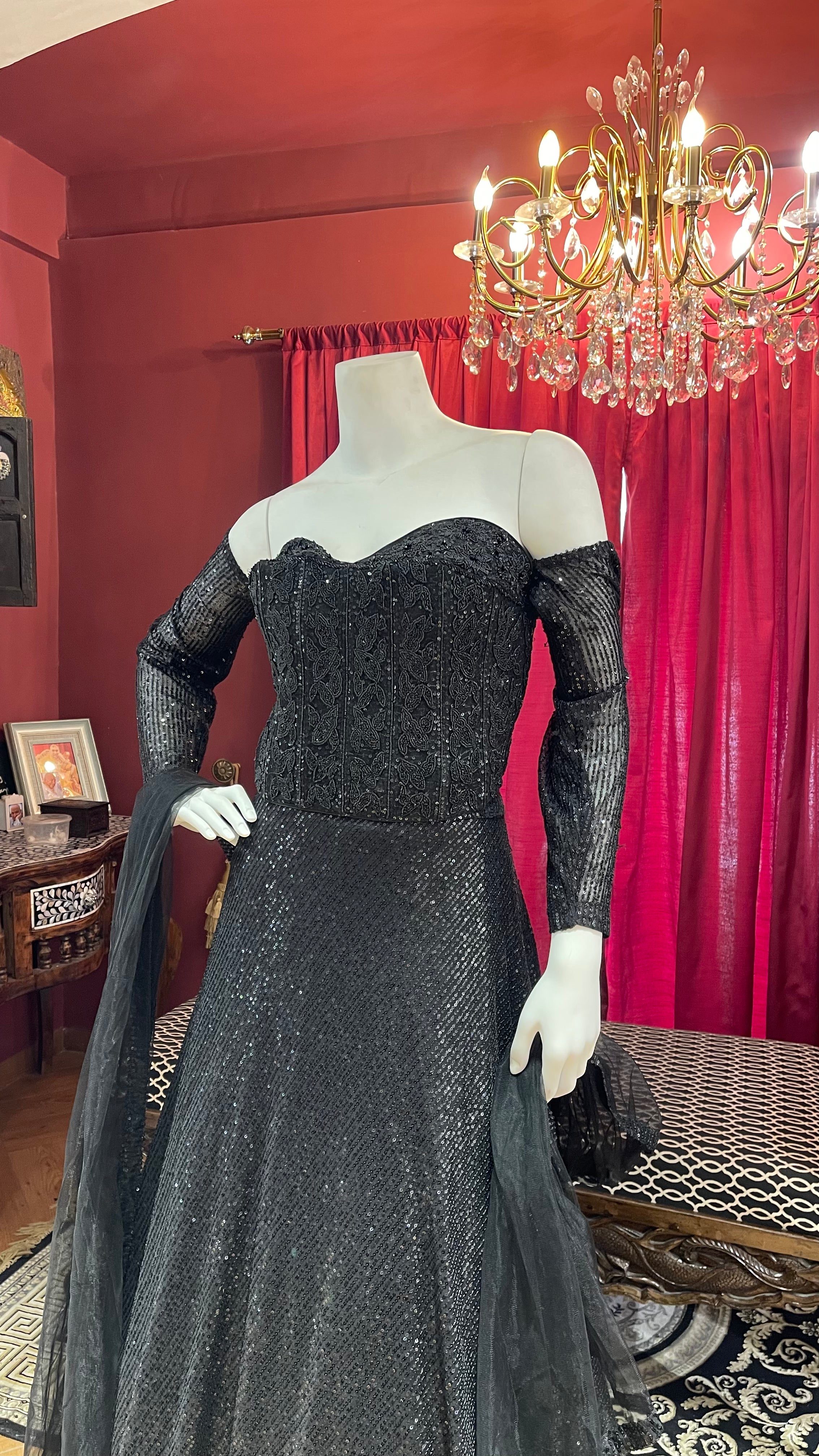 Black Sequin Fishcut Off-Sleeves Lehenga
