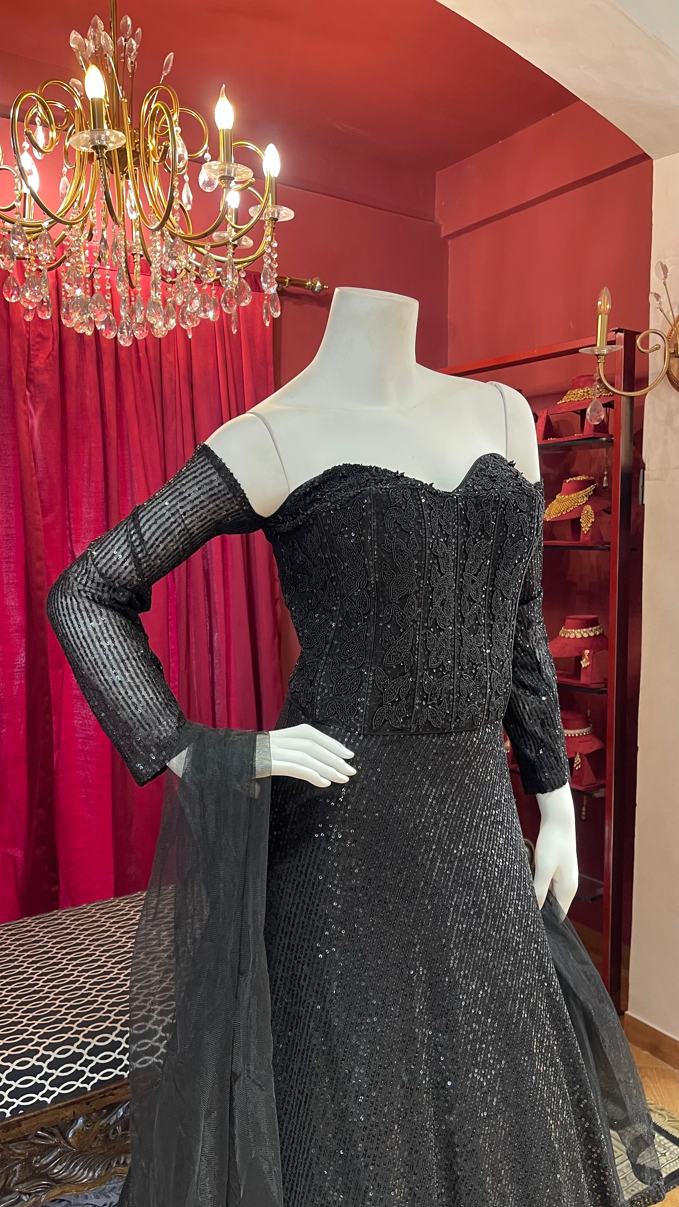 Black Sequin Fishcut Off-Sleeves Lehenga