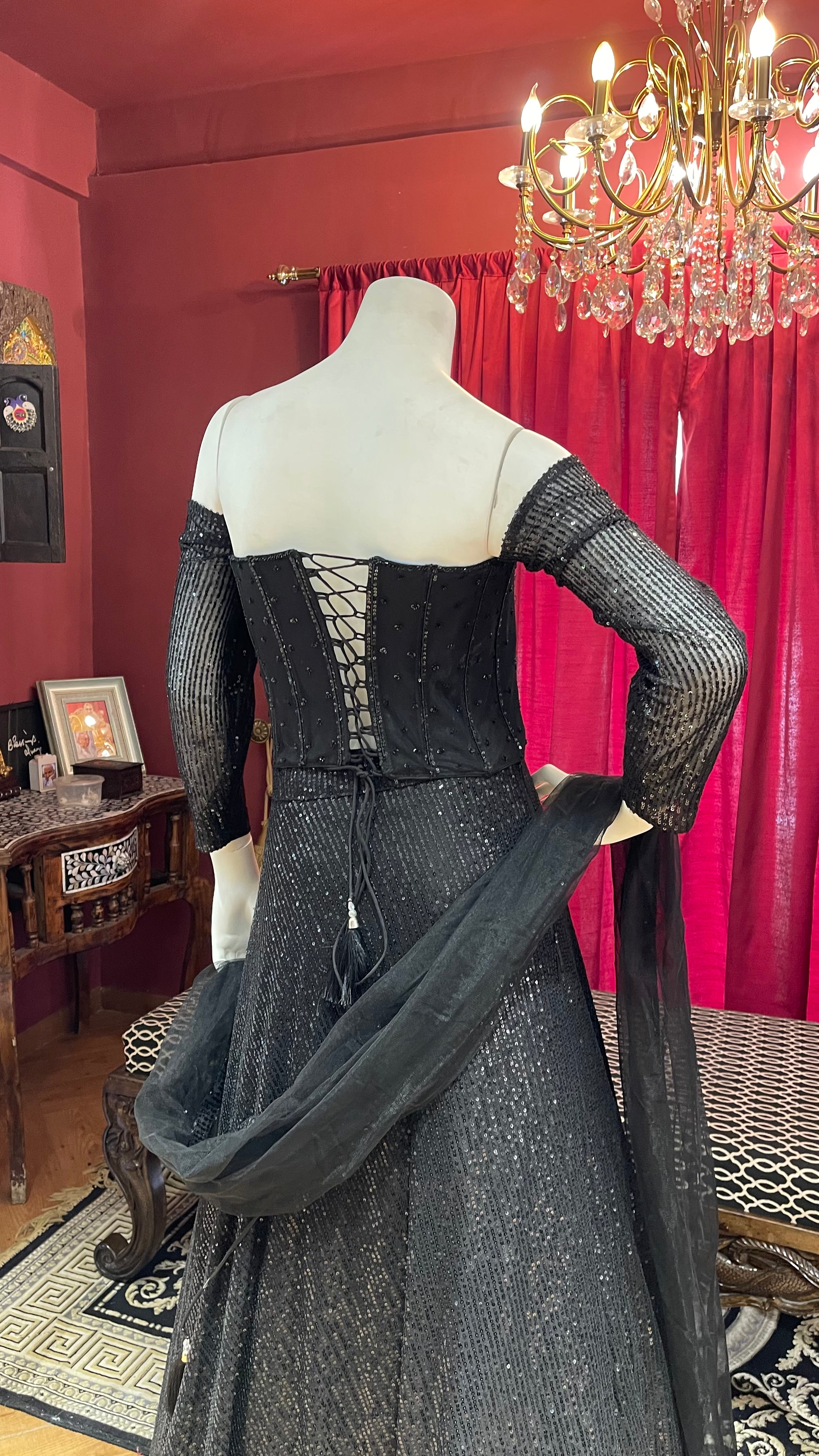 Black Sequin Fishcut Off-Sleeves Lehenga
