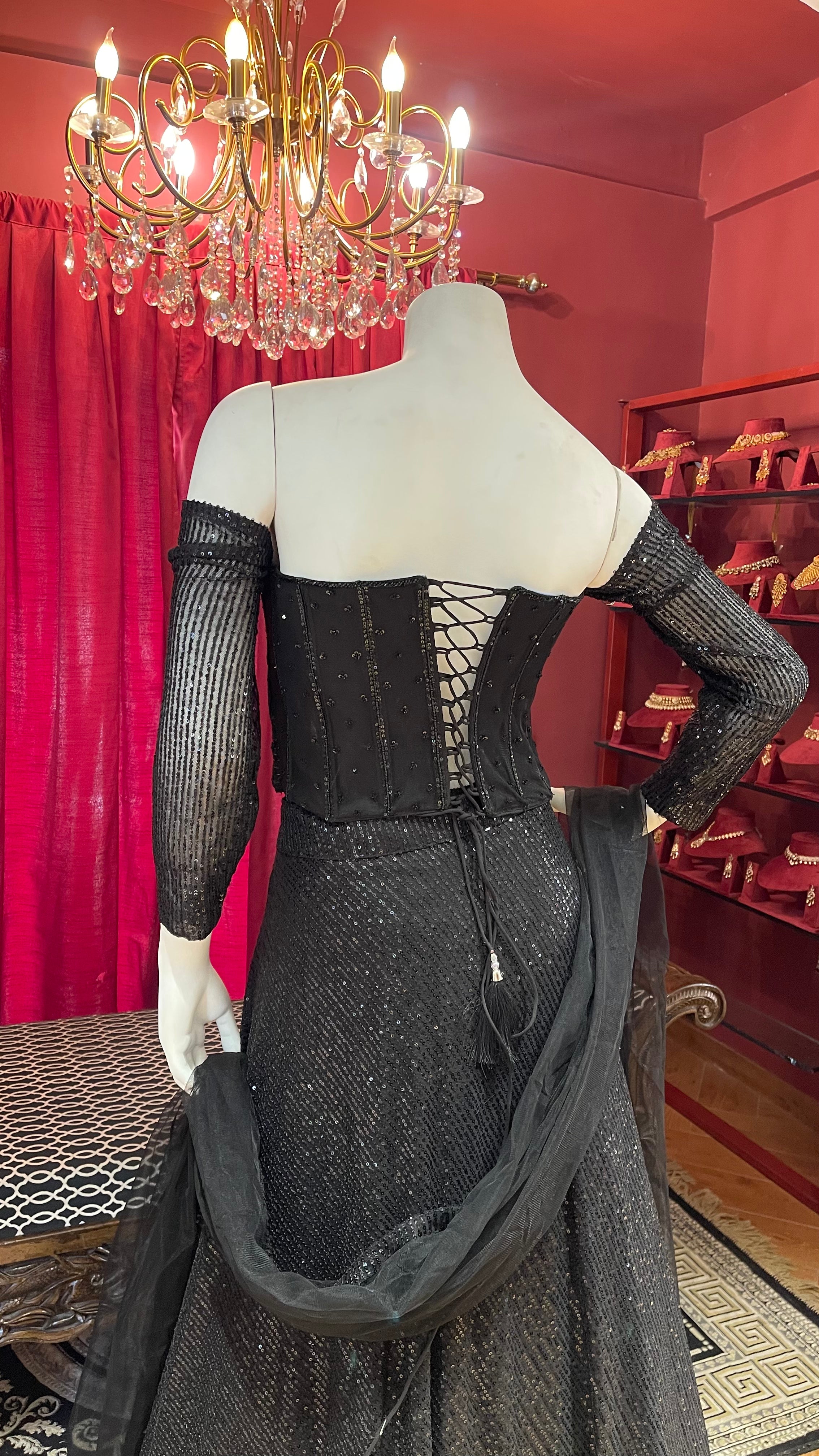 Black Sequin Fishcut Off-Sleeves Lehenga
