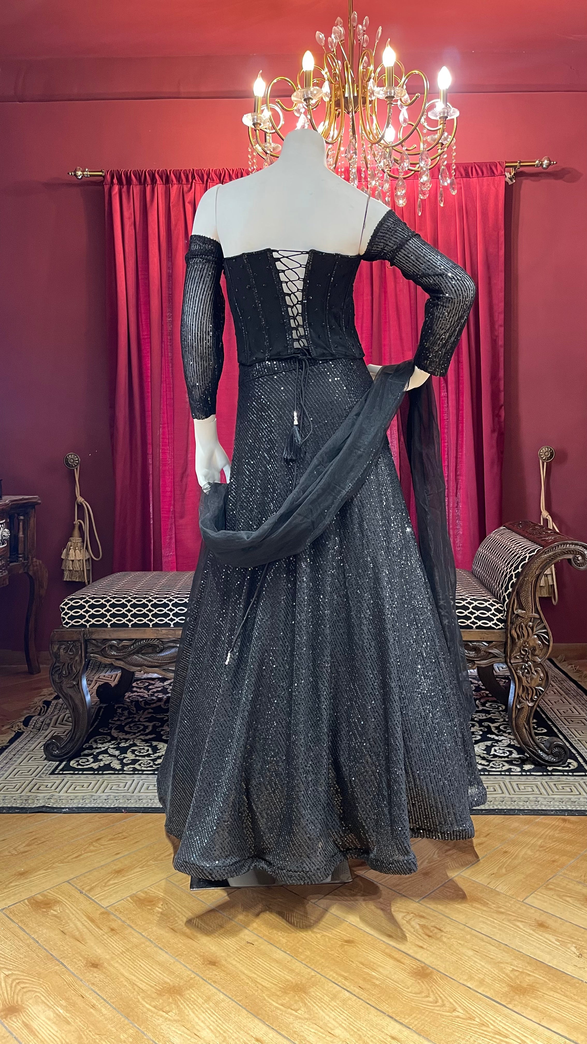 Black Sequin Fishcut Off-Sleeves Lehenga