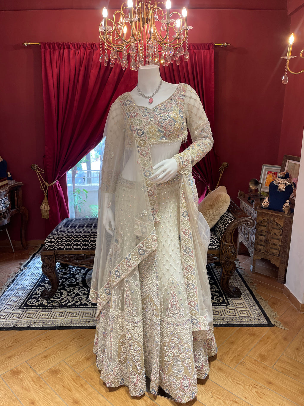 Ivory Pearl And Crystal Work Lehenga