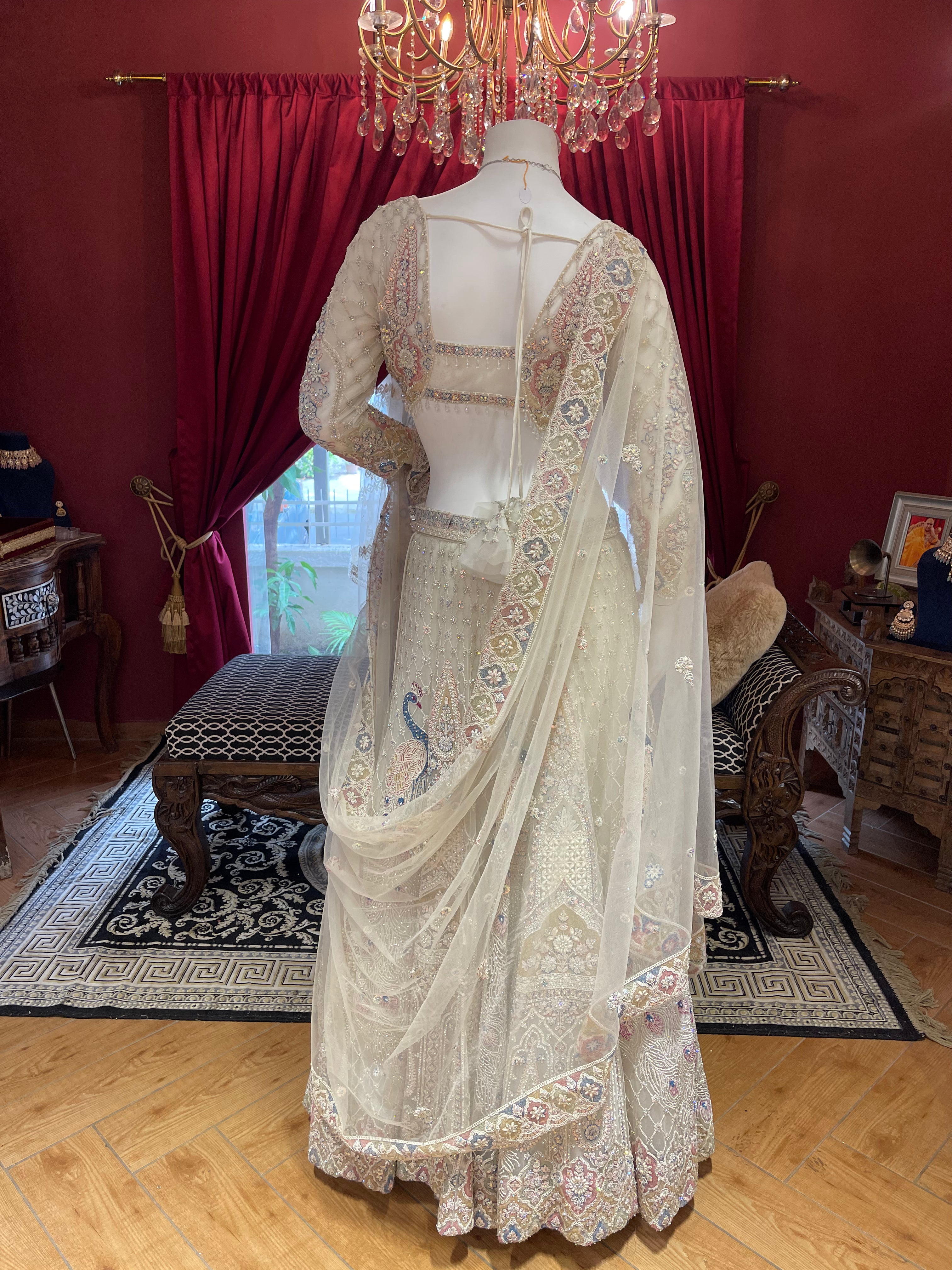 Ivory Pearl And Crystal Work Lehenga