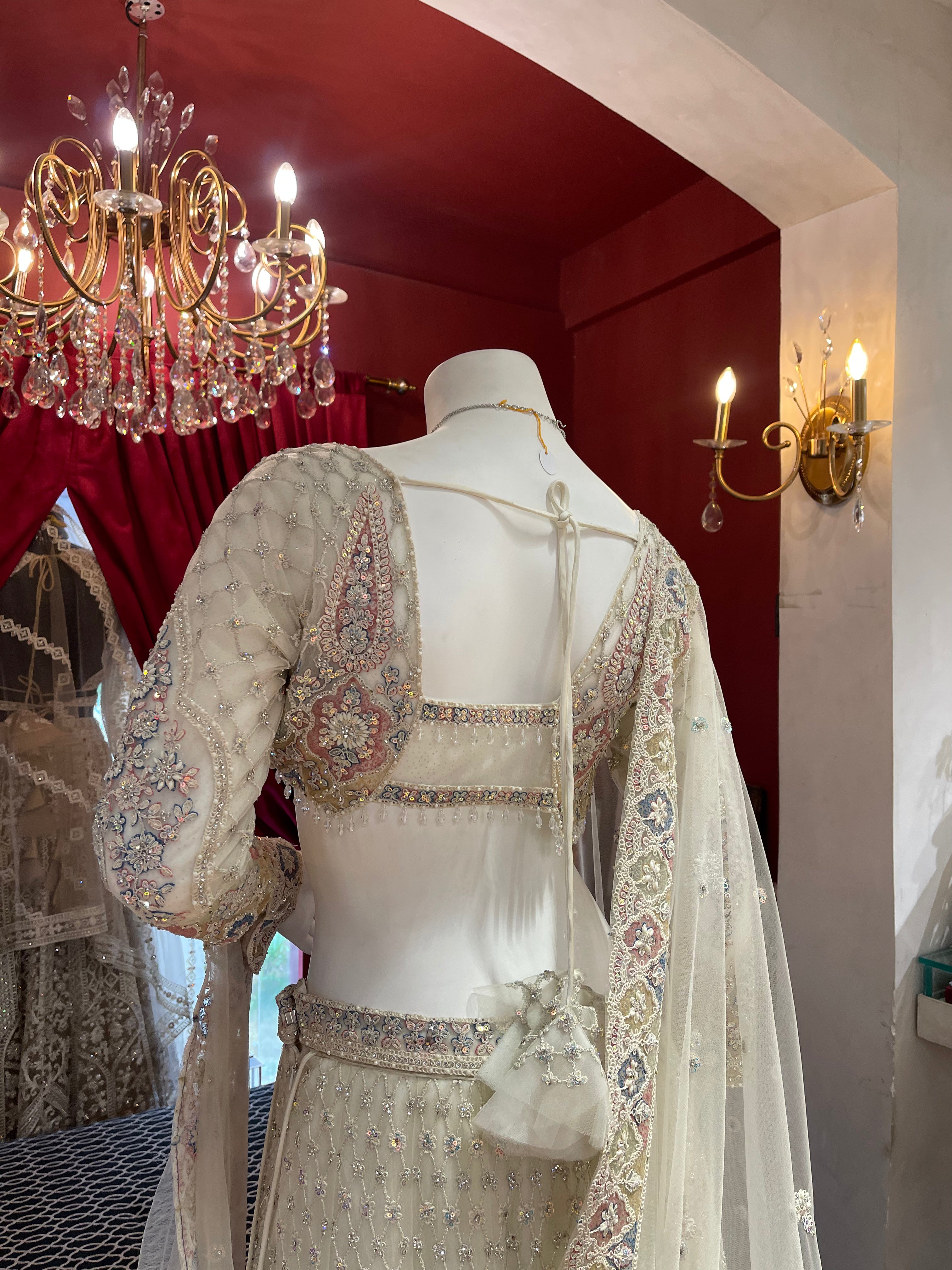 Ivory Pearl And Crystal Work Lehenga