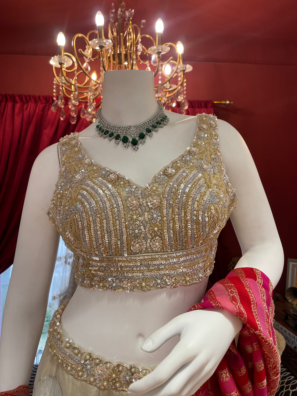 Ivory Tissue Lehenga With Full Handwork Blouse And Red Leheriya Dupatta