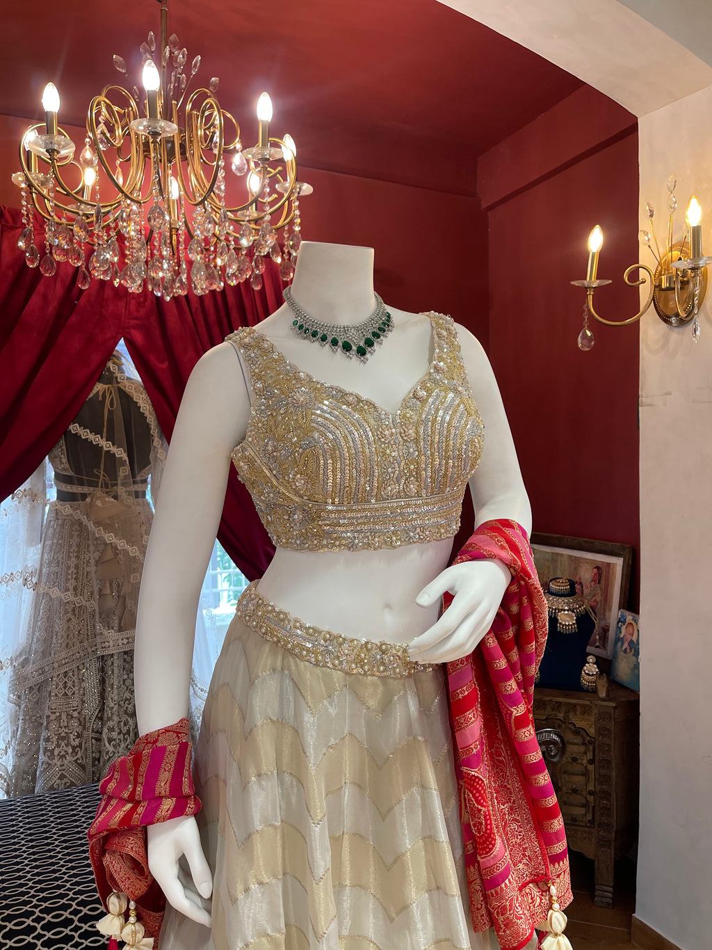 Ivory Tissue Lehenga With Full Handwork Blouse And Red Leheriya Dupatta