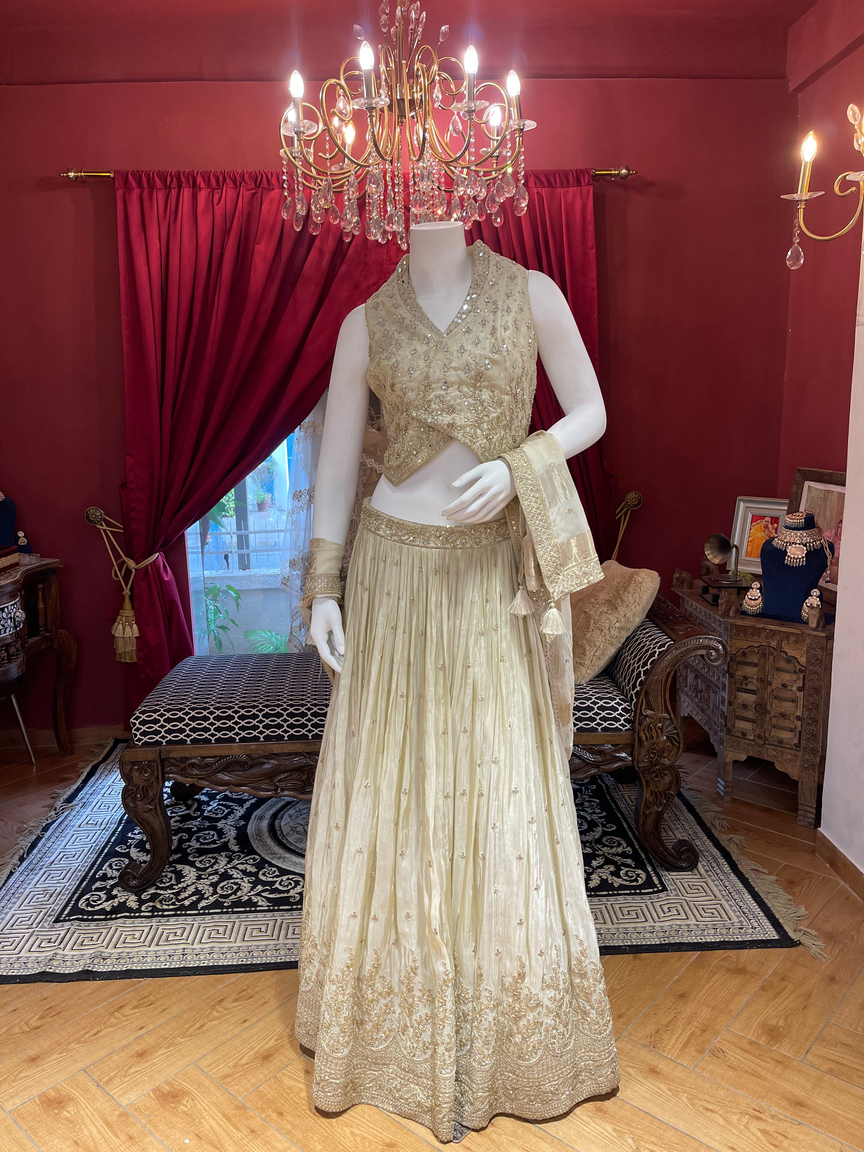 Gold Tissue Lehenga with Waistcoat-Style Blouse