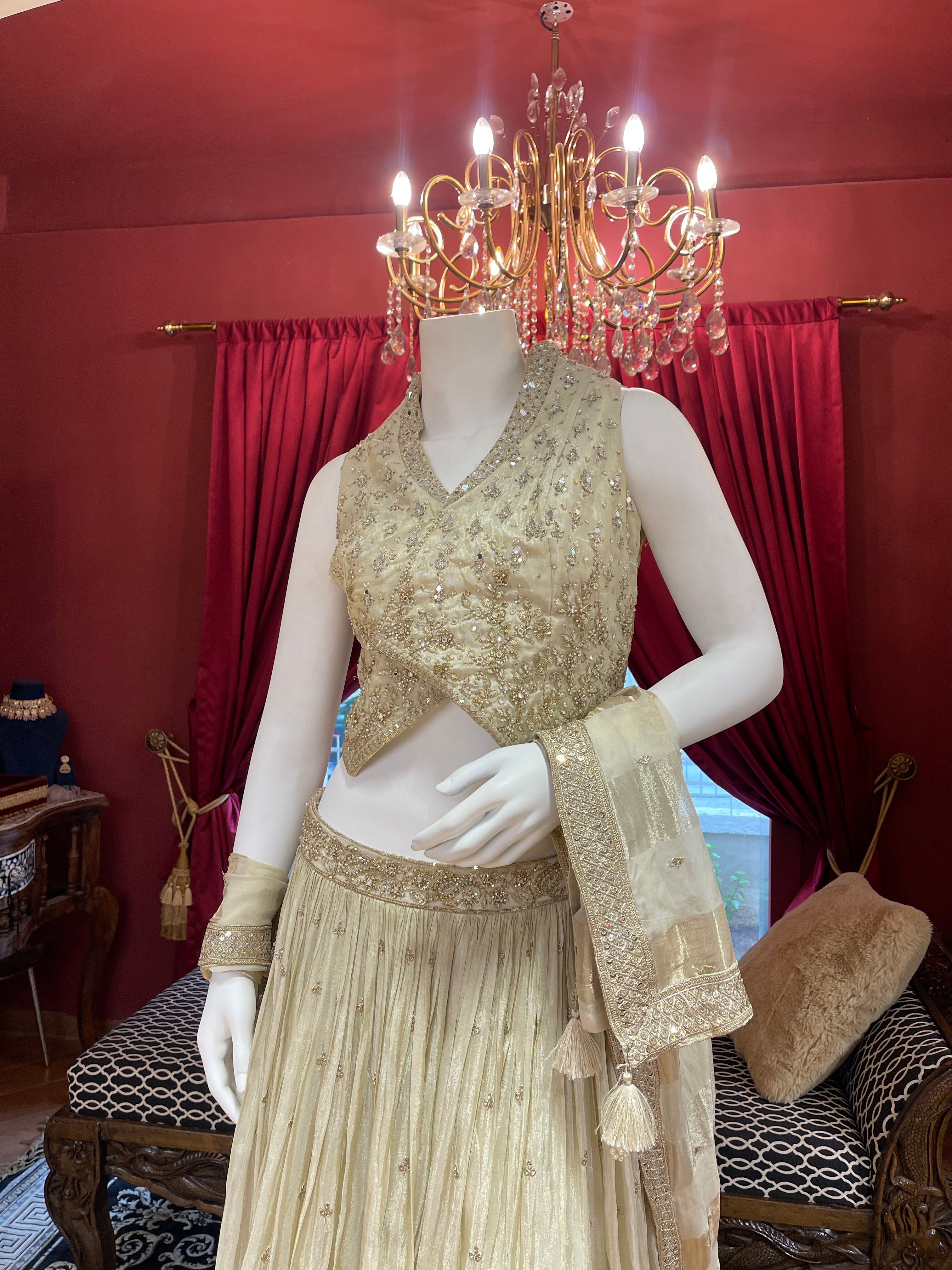 Gold Tissue Lehenga with Waistcoat-Style Blouse
