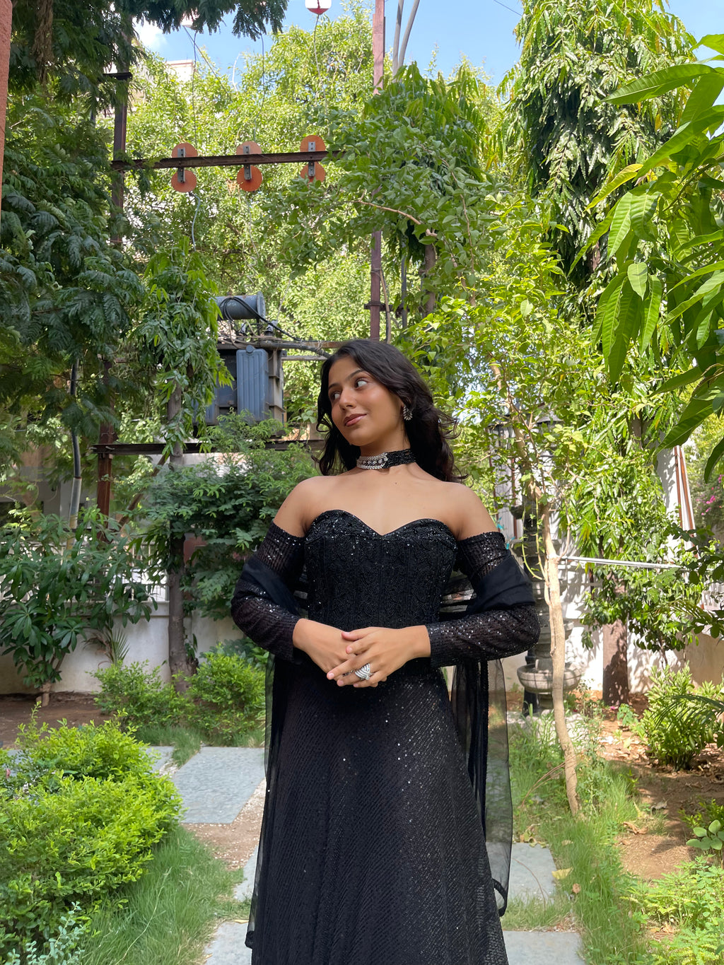 Black Sequin Fishcut Off-Sleeves Lehenga
