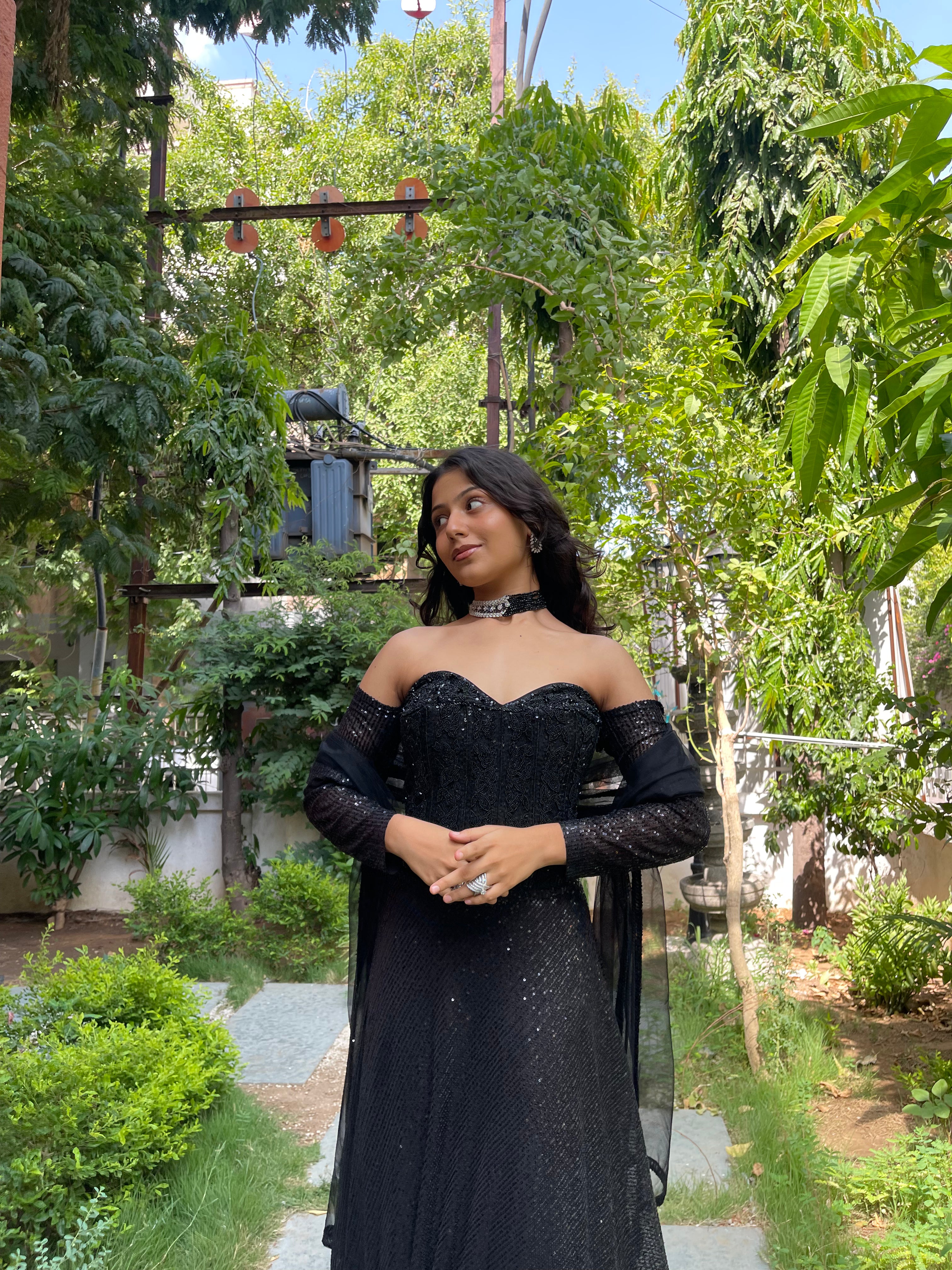 Black Sequin Fishcut Off-Sleeves Lehenga