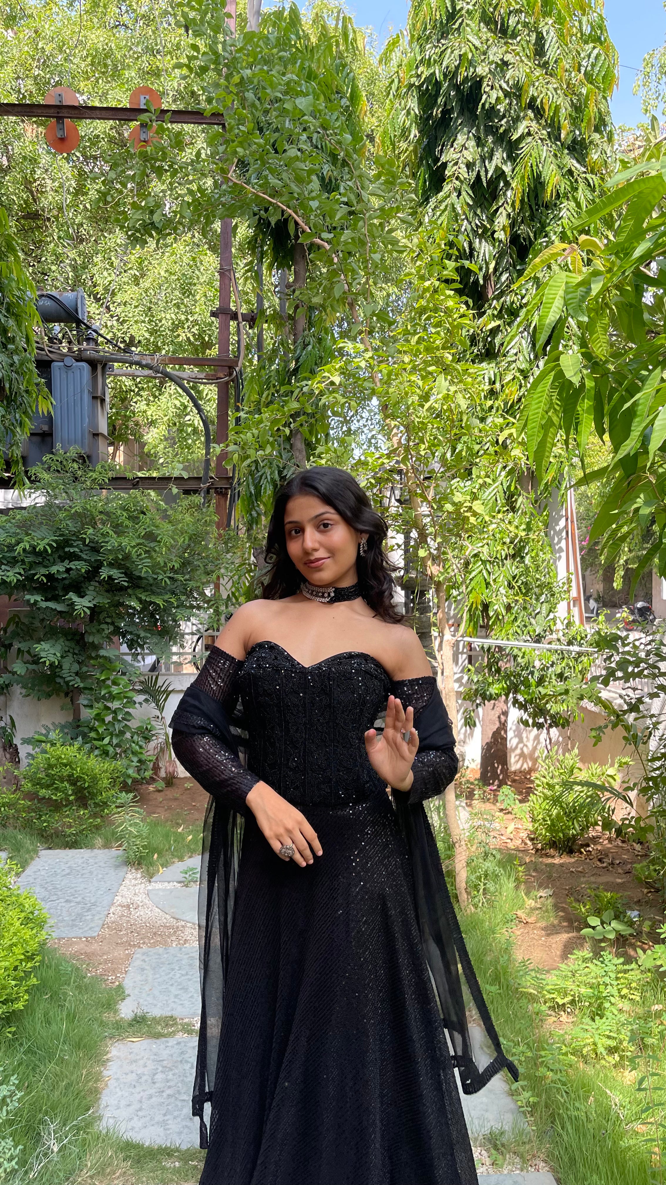 Black Sequin Fishcut Off-Sleeves Lehenga