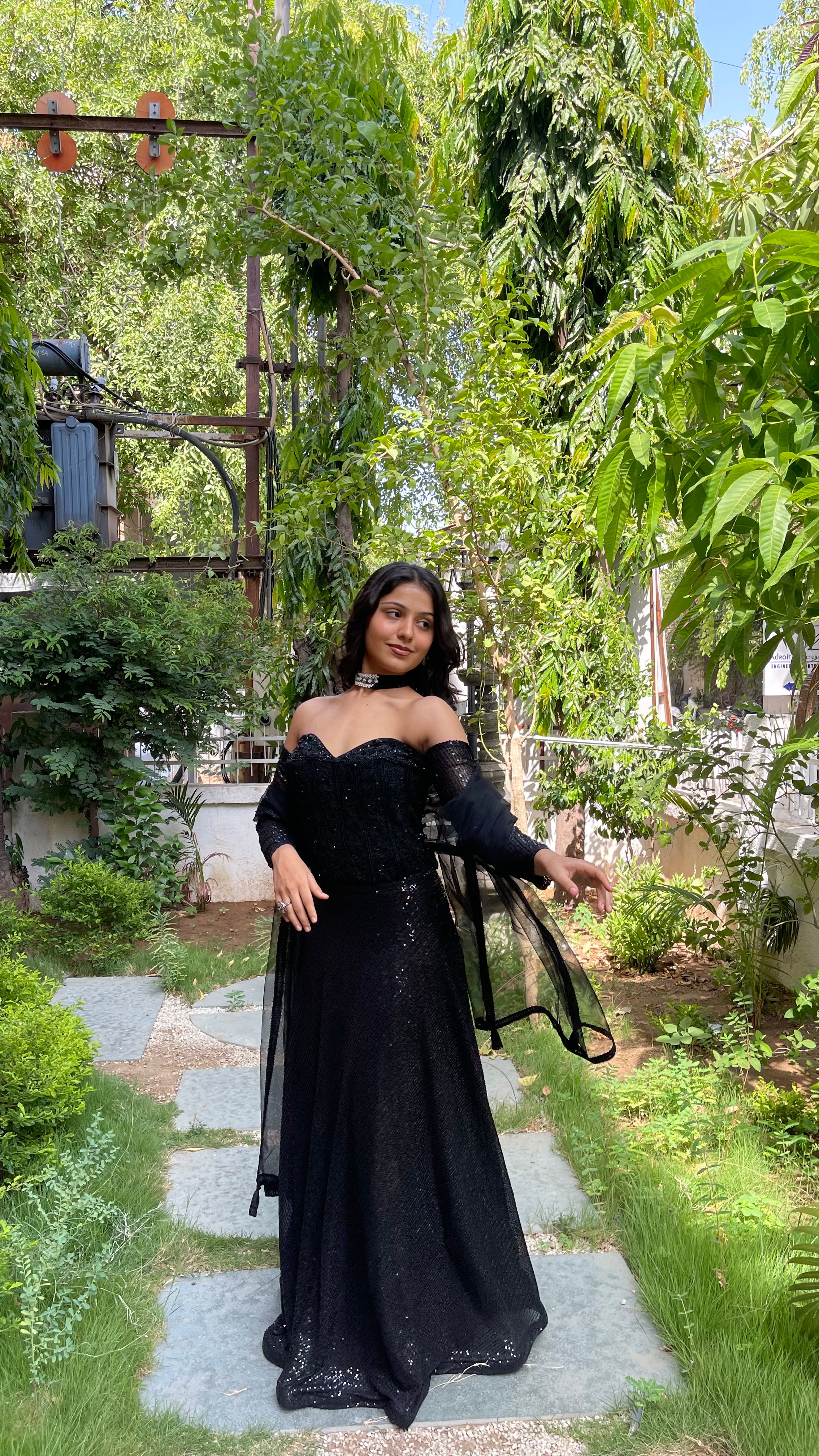 Black Sequin Fishcut Off-Sleeves Lehenga