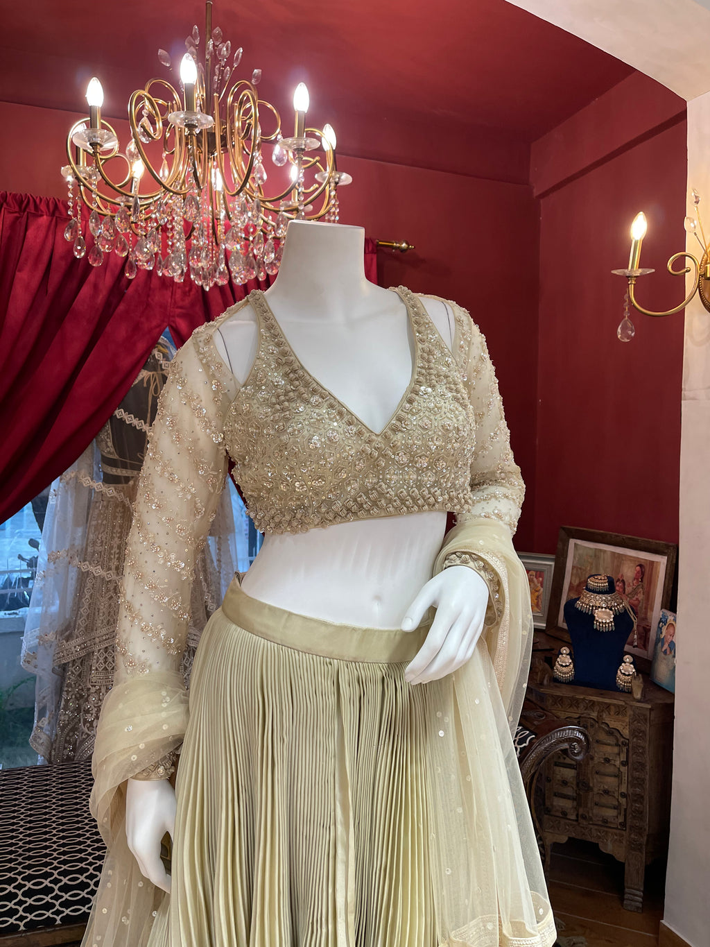 Pearl Ivory Golden Lahenga with Ruffles