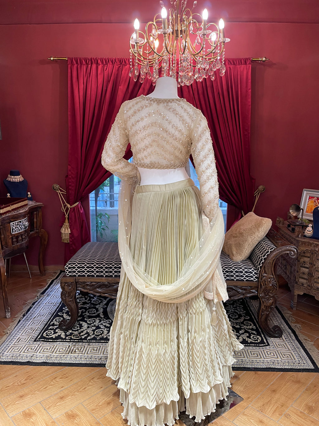 Pearl Ivory Golden Lahenga with Ruffles