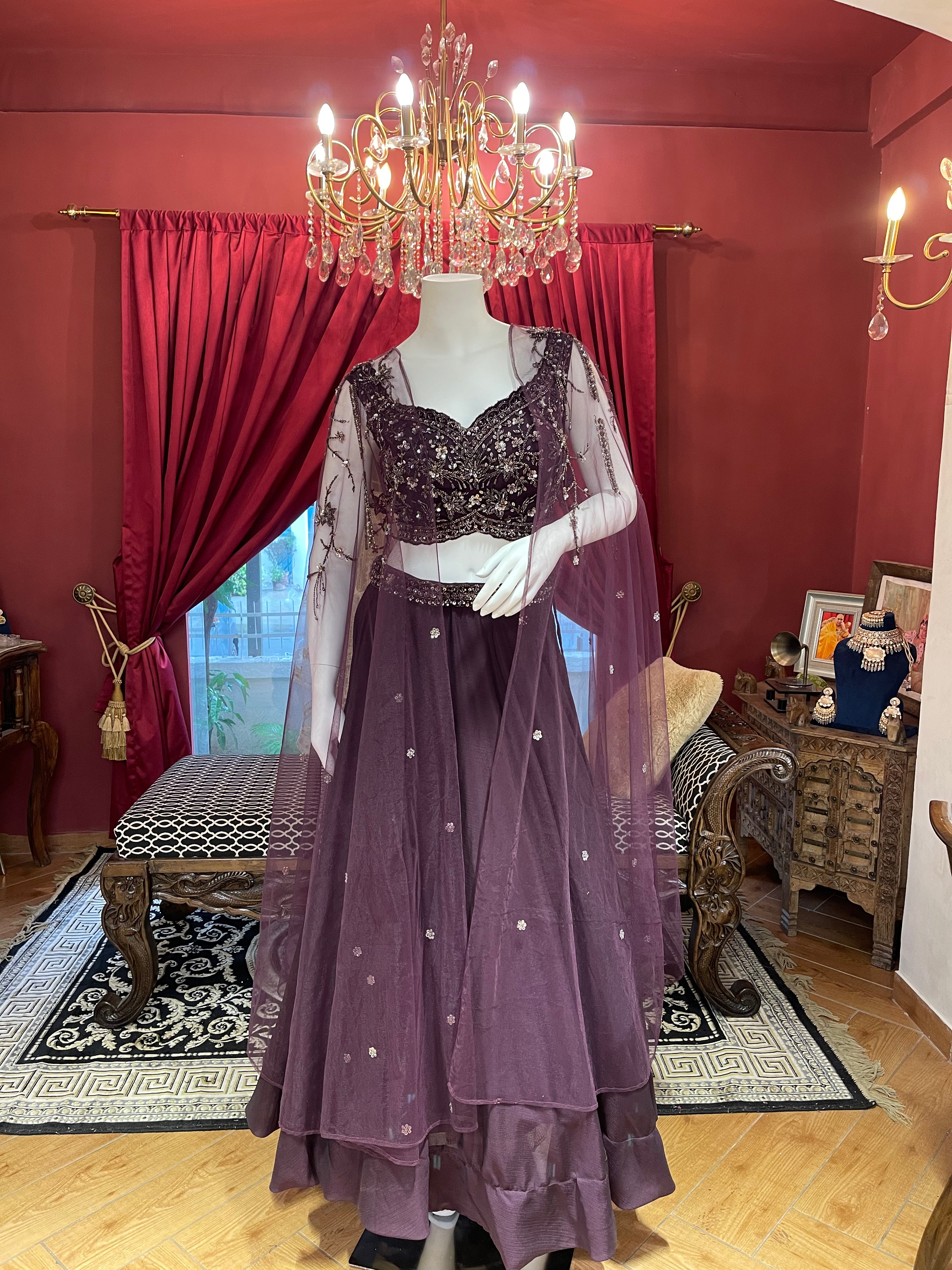 Plum Lahenga with Embellished Net Cape