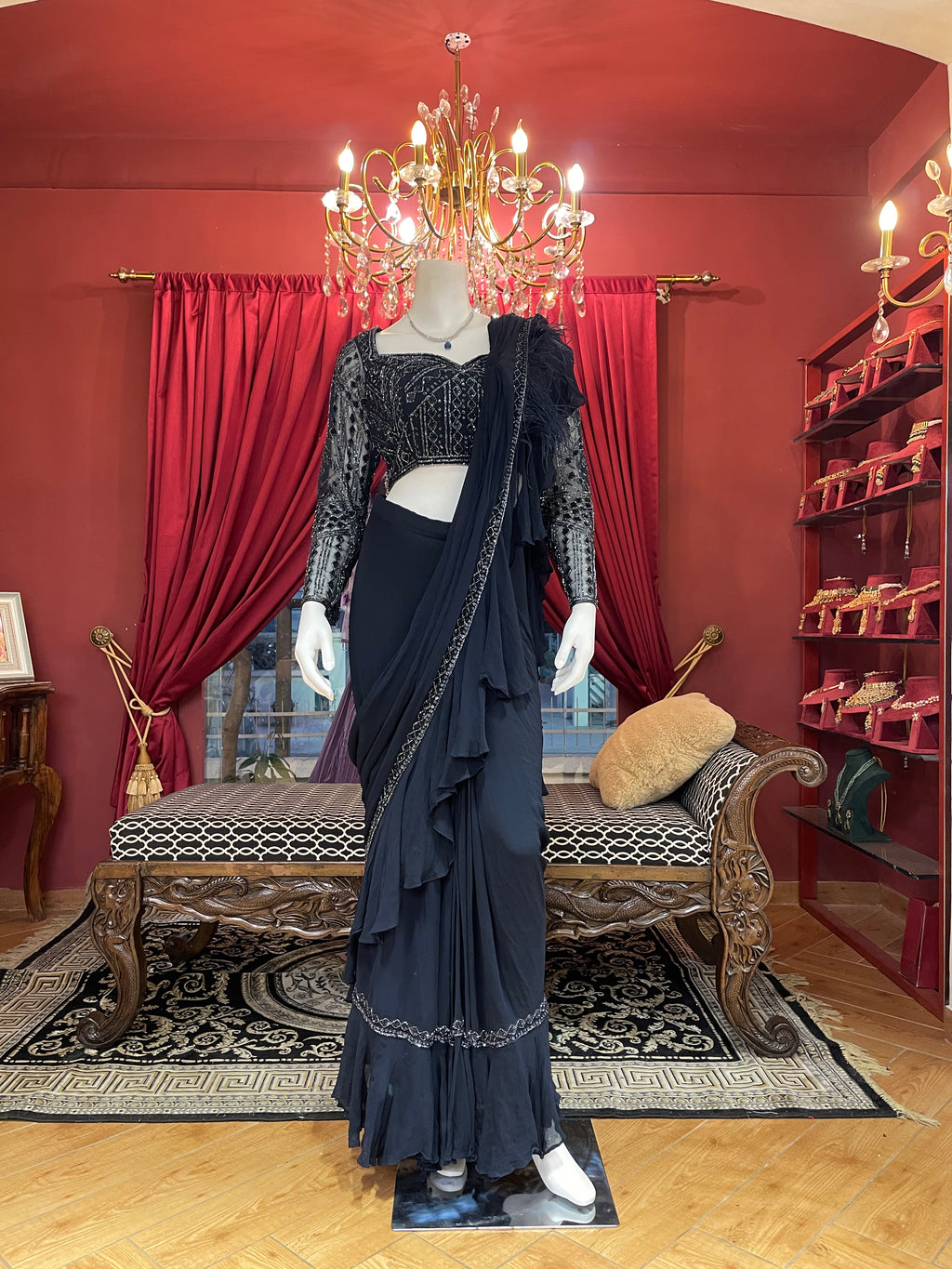 Black Ruffle Drape Full Sleeves Saree Set