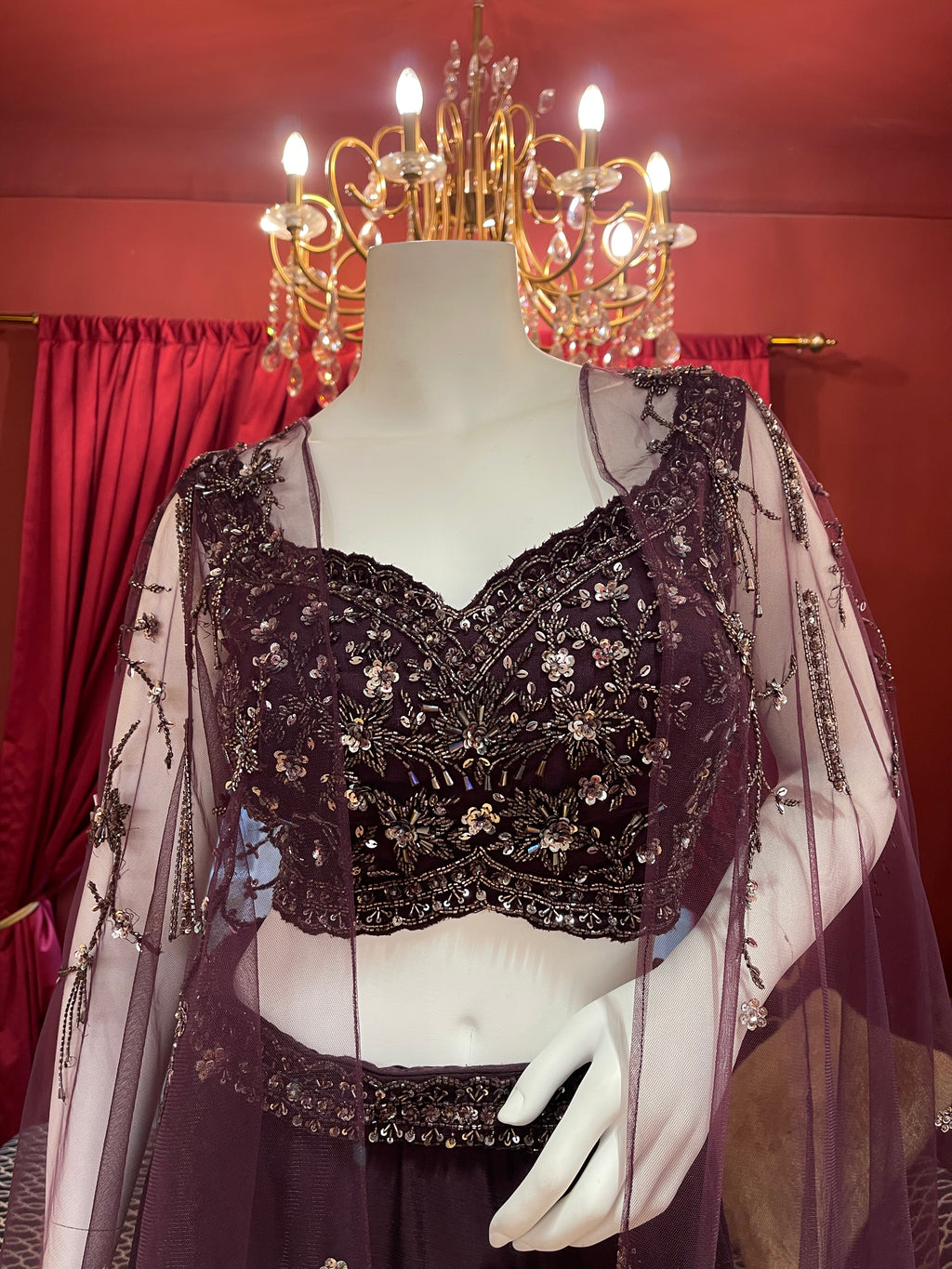 Plum Lahenga with Embellished Net Cape