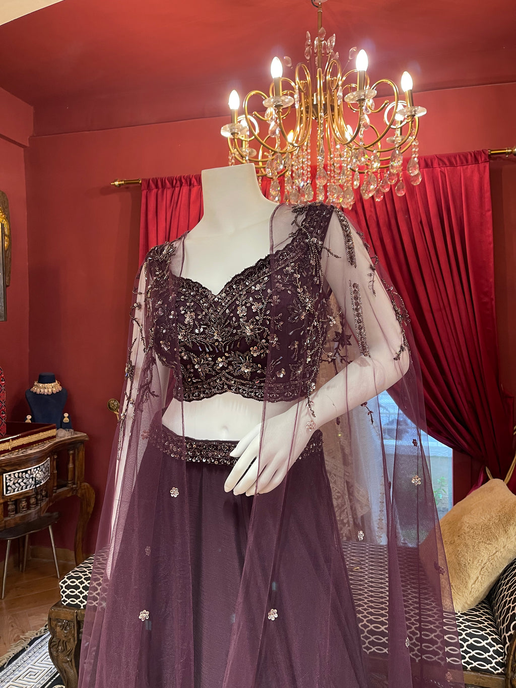Plum Lahenga with Embellished Net Cape