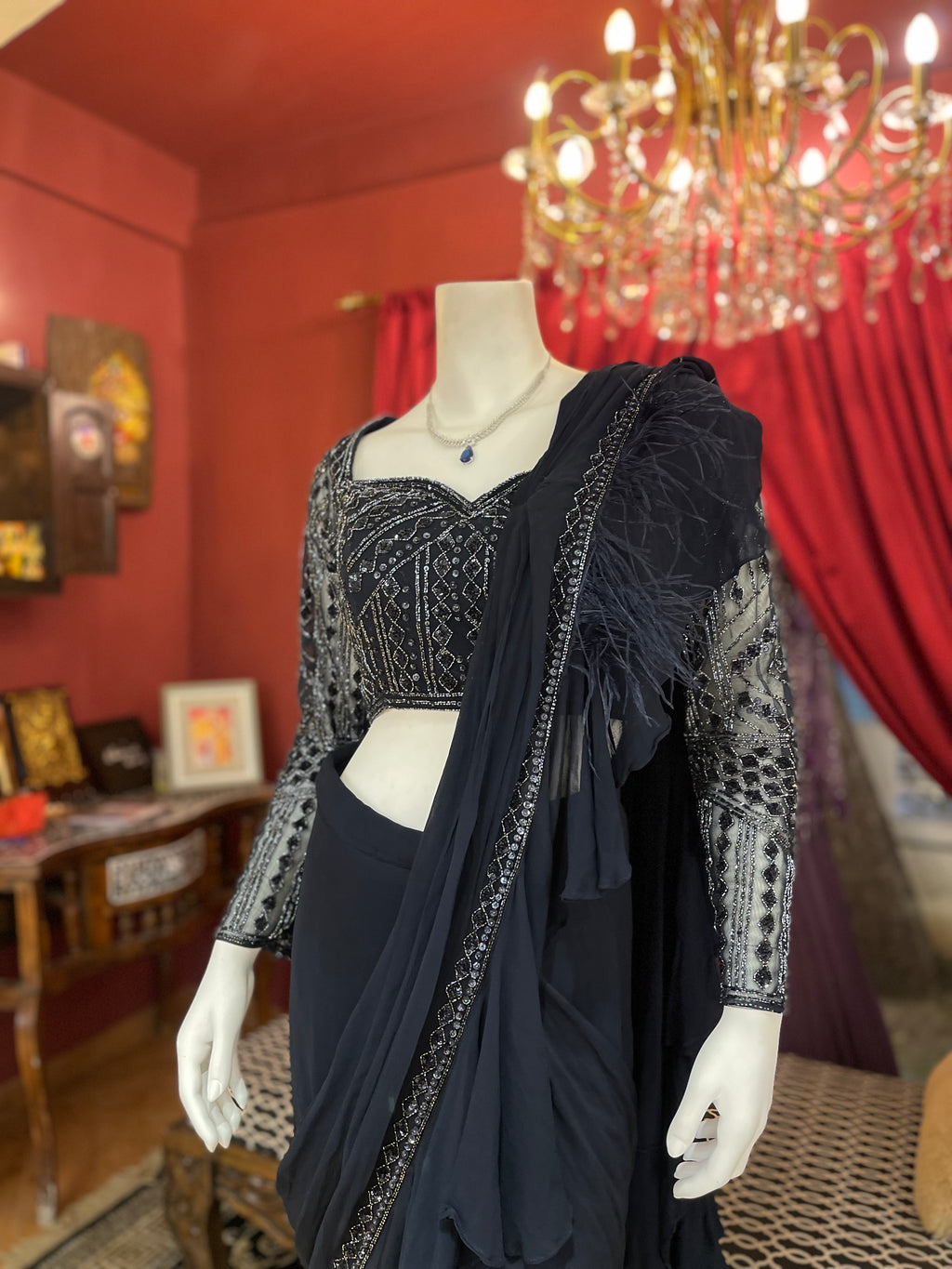 Black Ruffle Drape Full Sleeves Saree Set