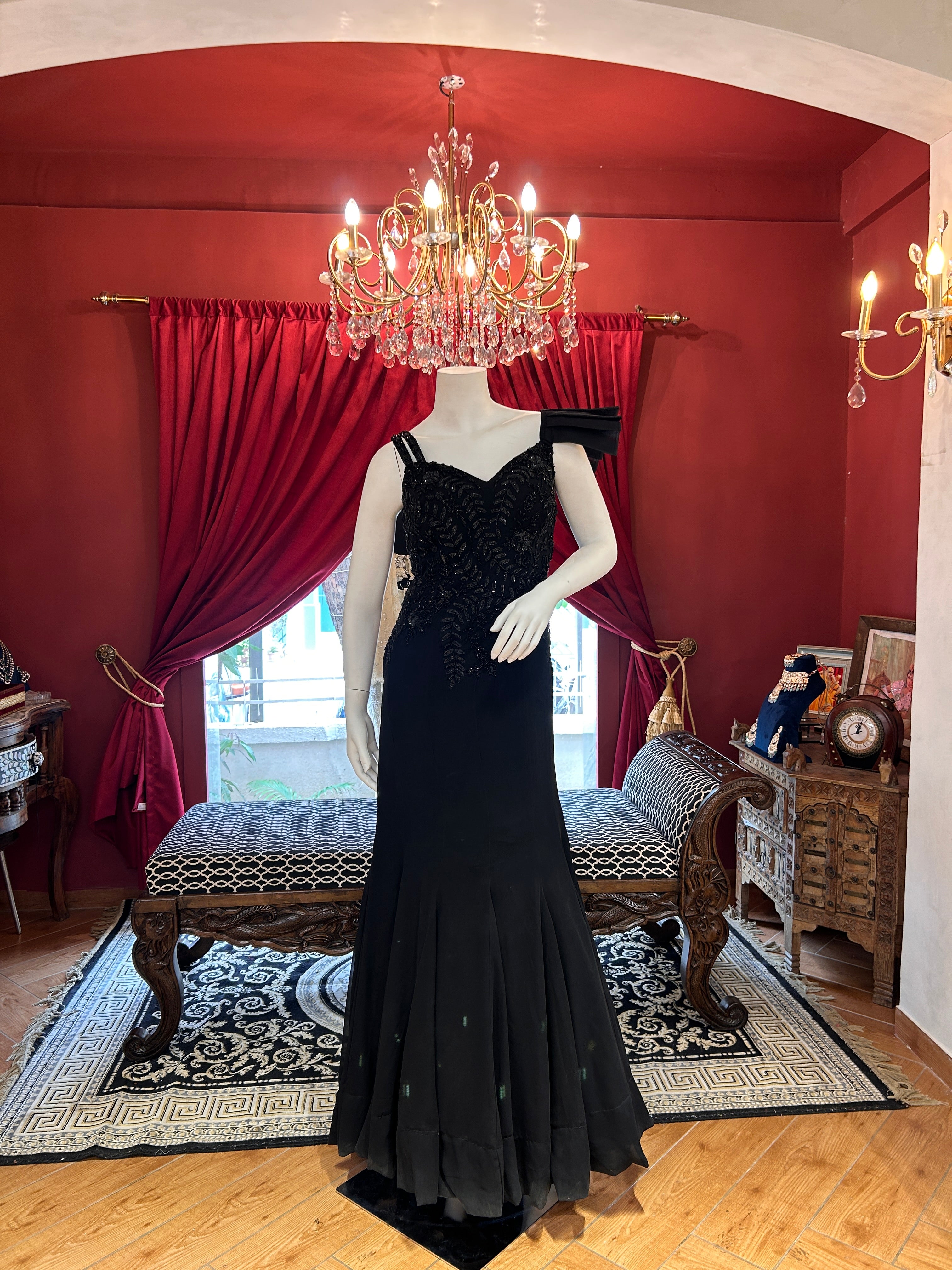 Black Fish-Cut Gown with Beadwork Embroidery