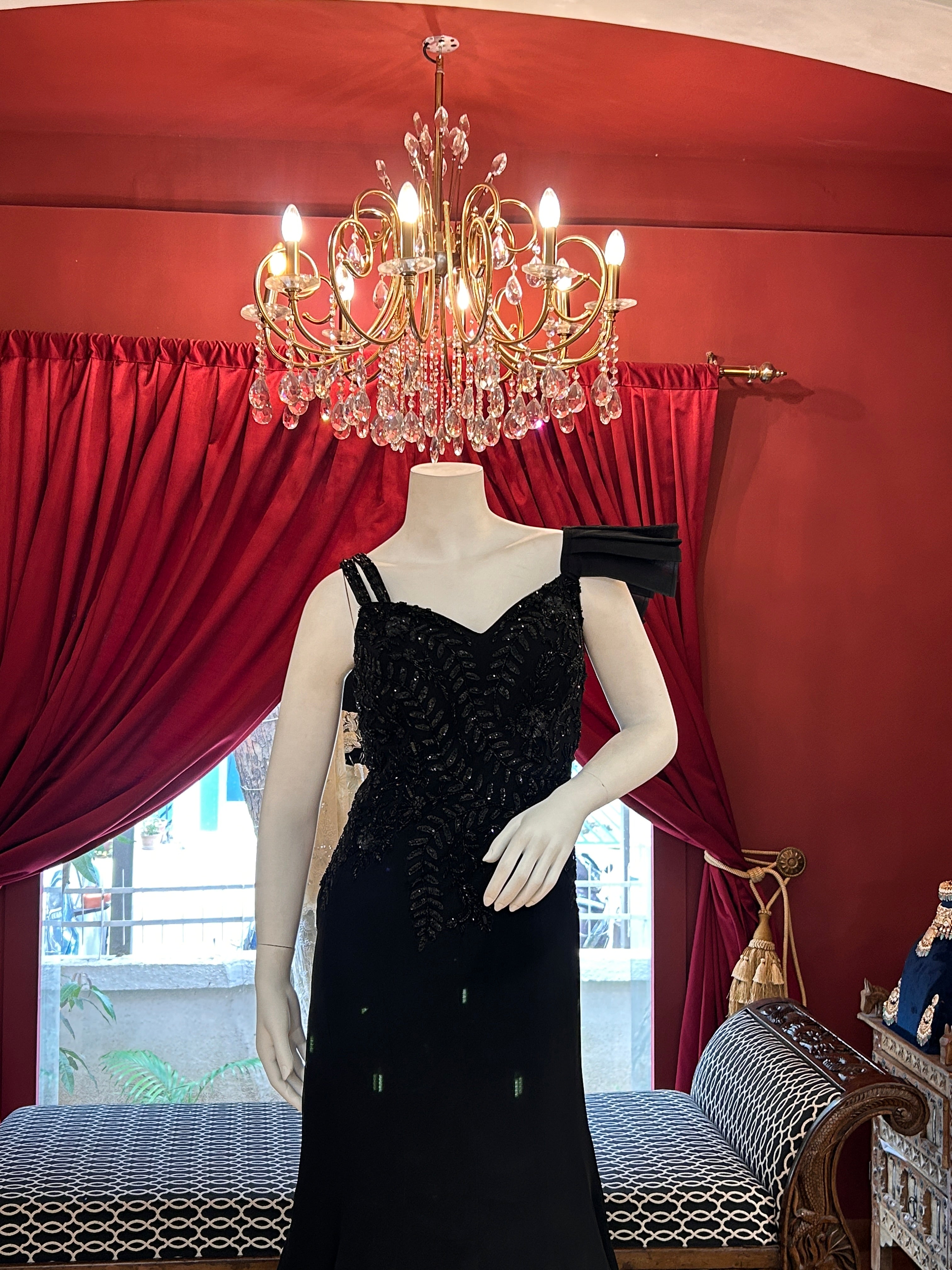 fish cut black dress Midnight black embellished fish-cut gown with cape sleeves and bead de