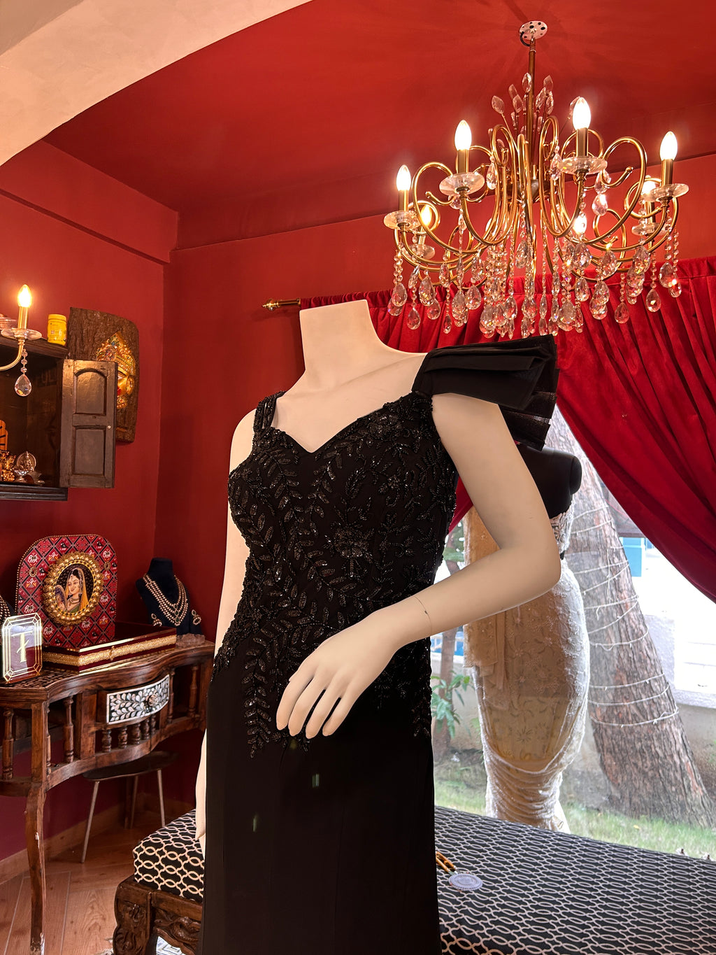 Black Fish-Cut Gown with Beadwork Embroidery